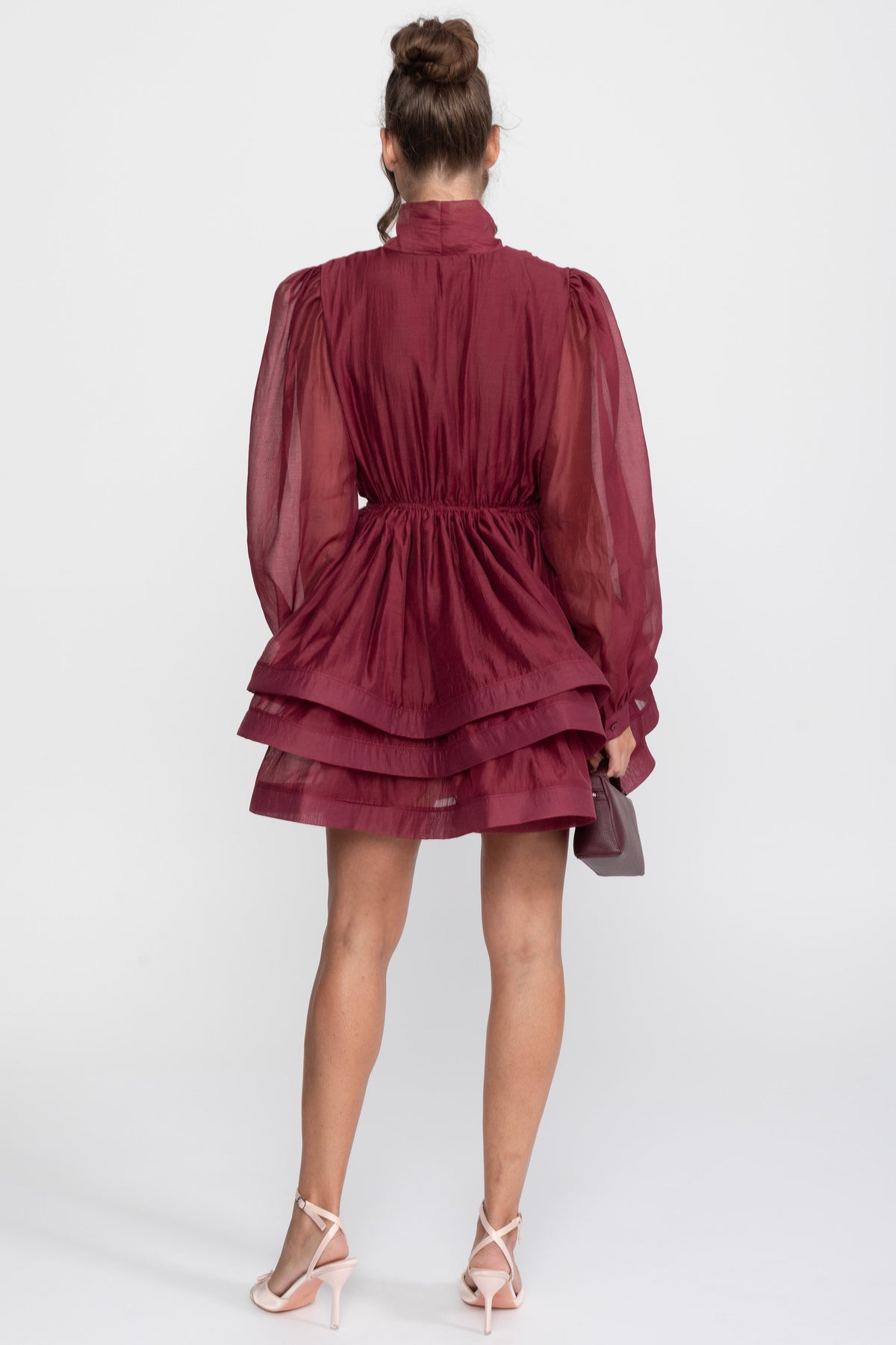 High Neck Bow Puff Sleeve Mini Dress with Tiered Ruffle Skirt – Wine – view 5