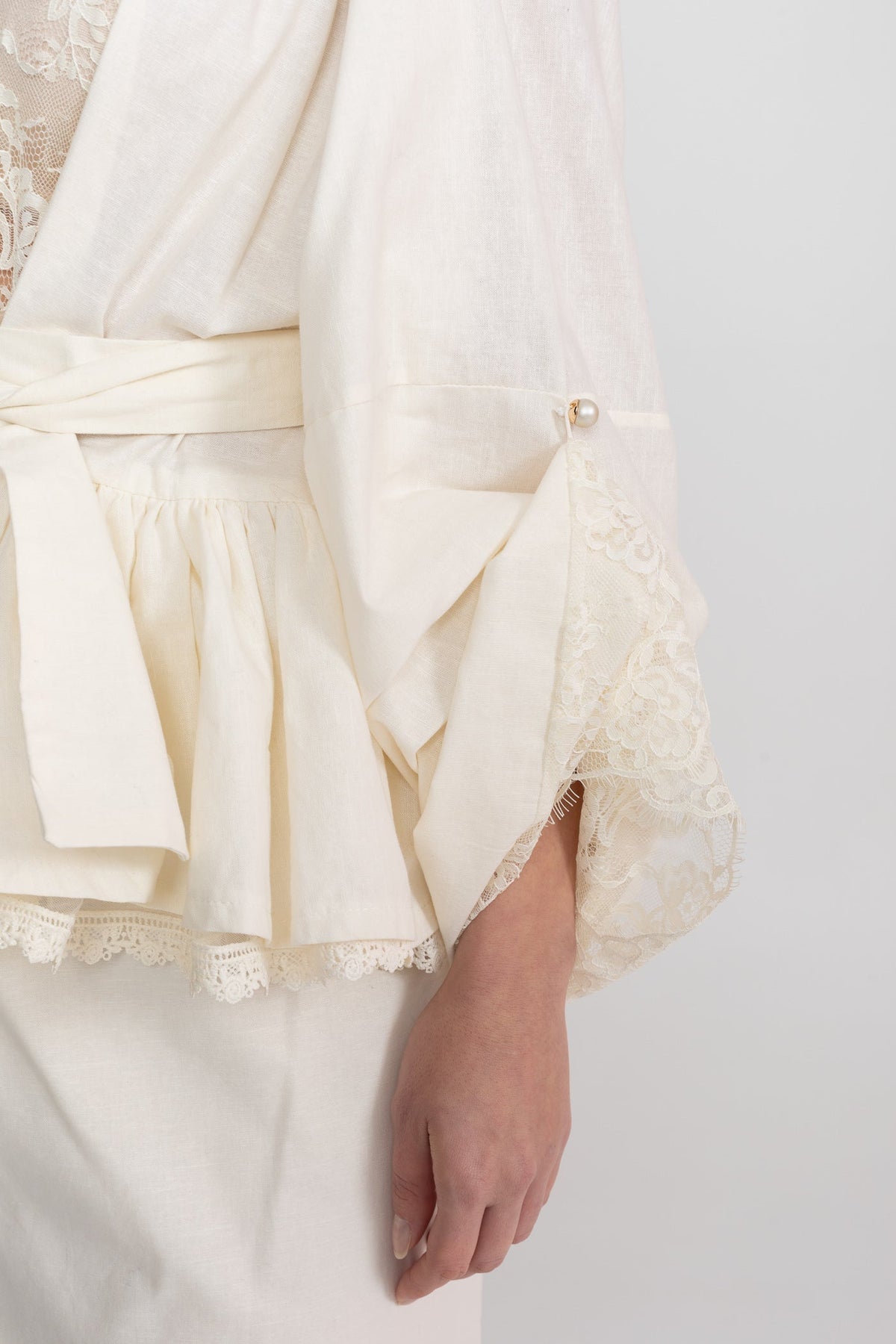 Belted Peplum Blouse and Midi Skirt Co-ord Set with Lace Inserts – Ivory