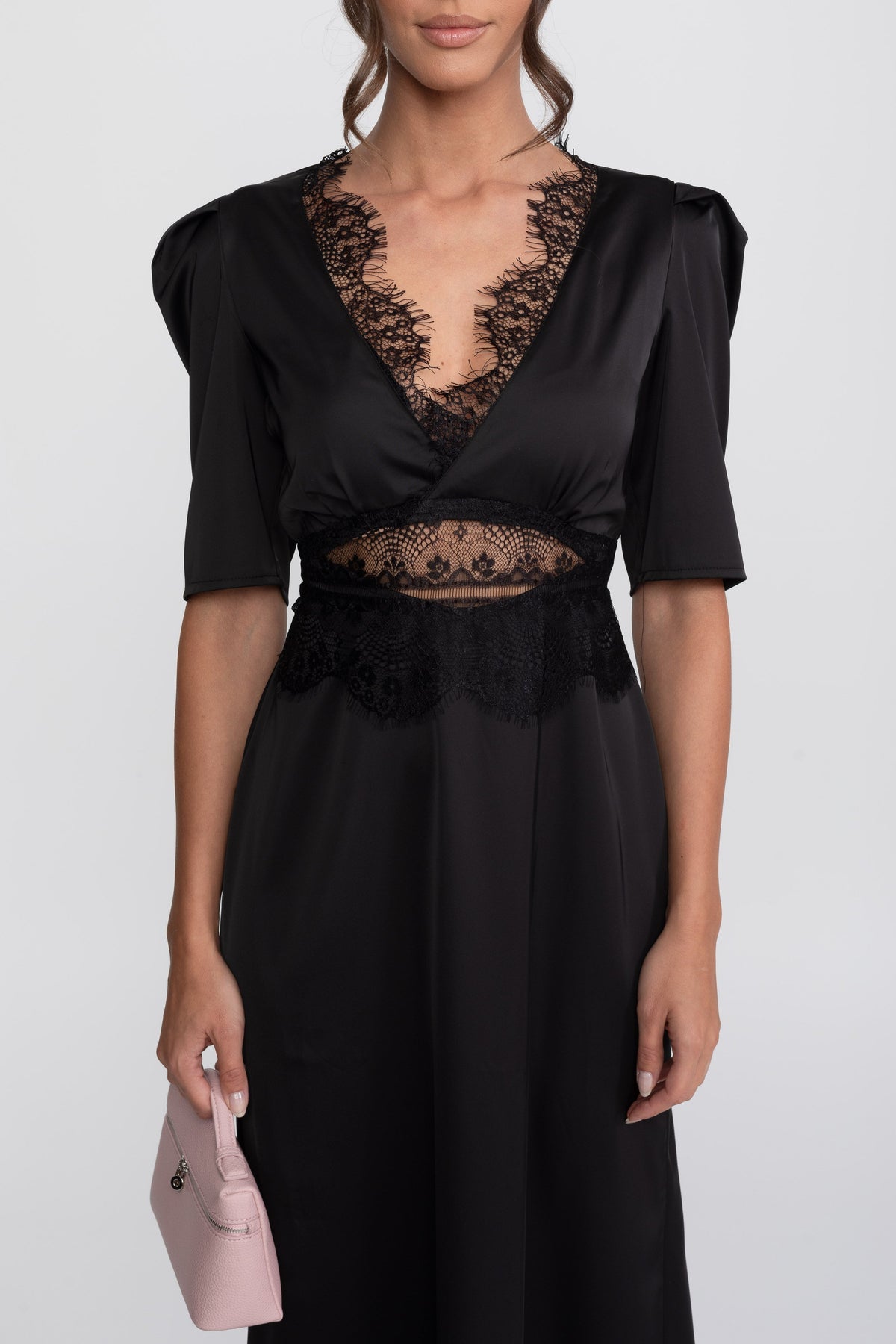 Satin Polka Dot Puff Sleeve Midi Dress with Lace Trim – Black – view 8
