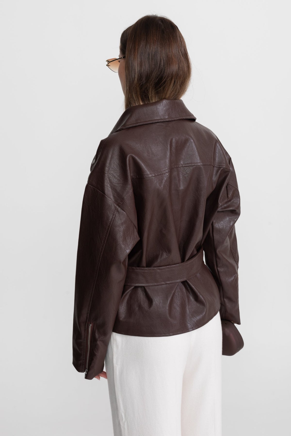Belted Biker Jacket with Wide Notched Lapels – Chocolate Brown – view 8