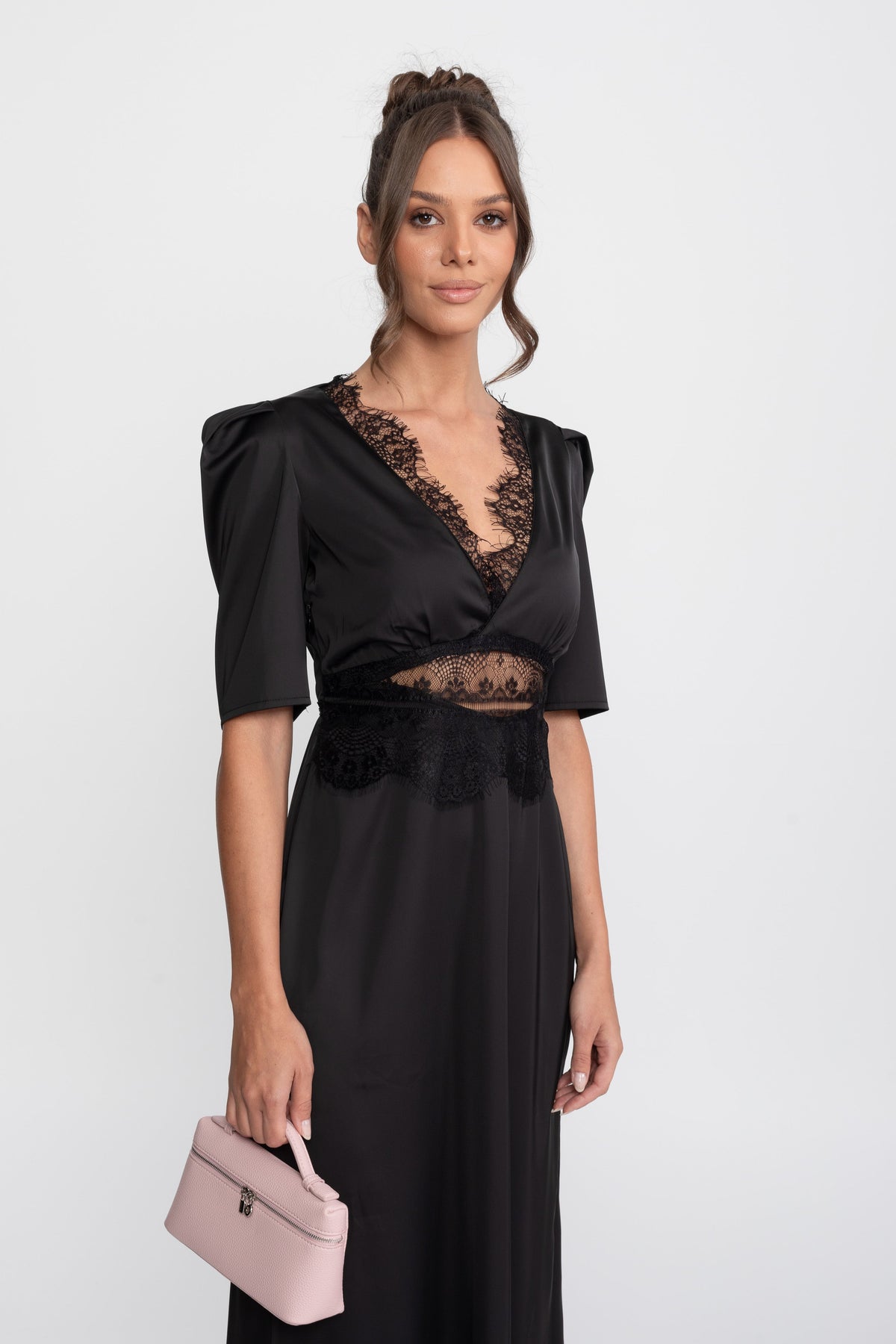 Satin Polka Dot Puff Sleeve Midi Dress with Lace Trim – Black – view 5