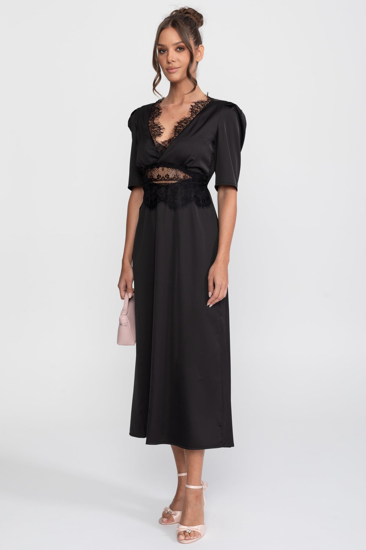 Satin Polka Dot Puff Sleeve Midi Dress with Lace Trim – Black