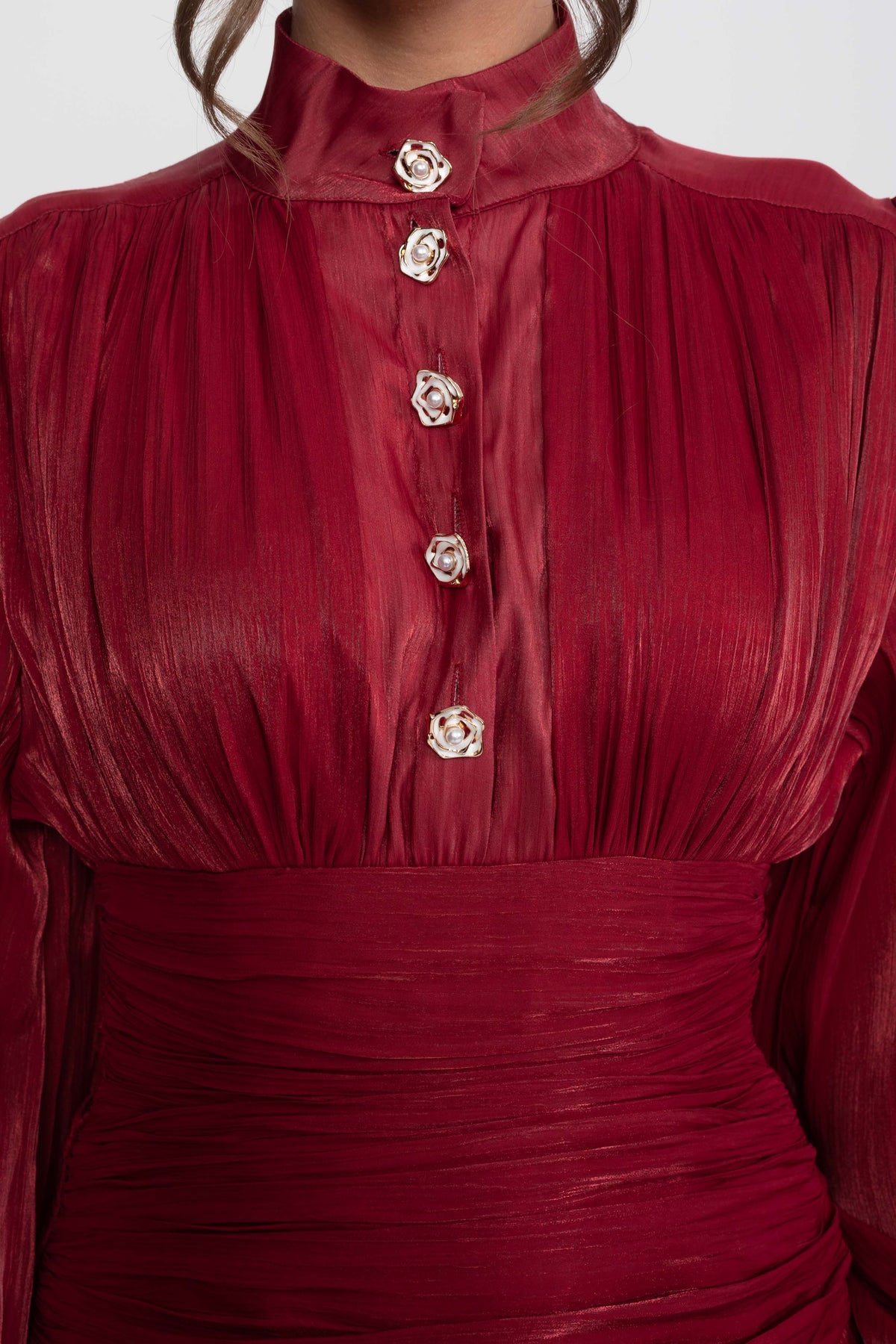 Balloon Sleeve Tiered Maxi Dress with Jewelled Rose Buttons – Red