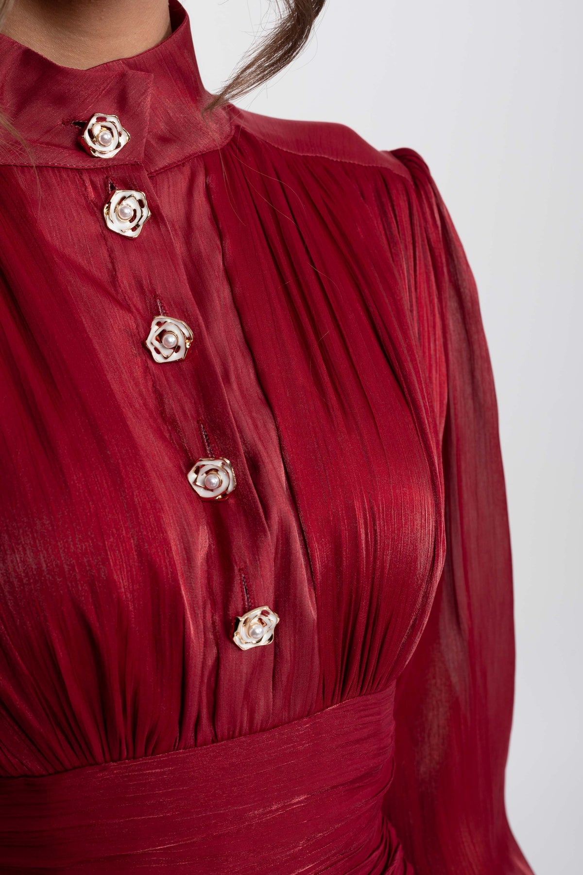 Balloon Sleeve Tiered Maxi Dress with Jewelled Rose Buttons – Red – view 7