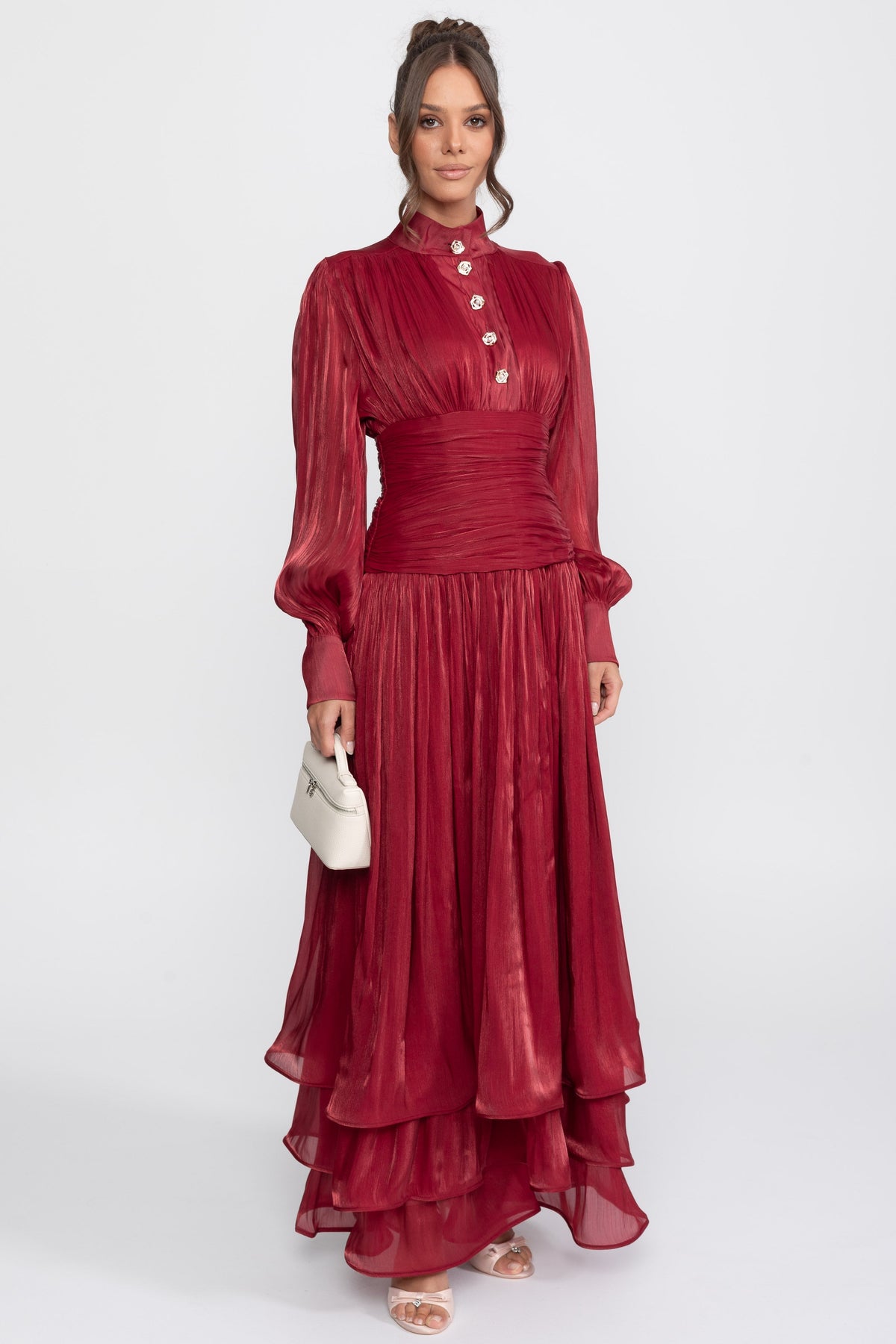 Balloon Sleeve Tiered Maxi Dress with Jewelled Rose Buttons – Red