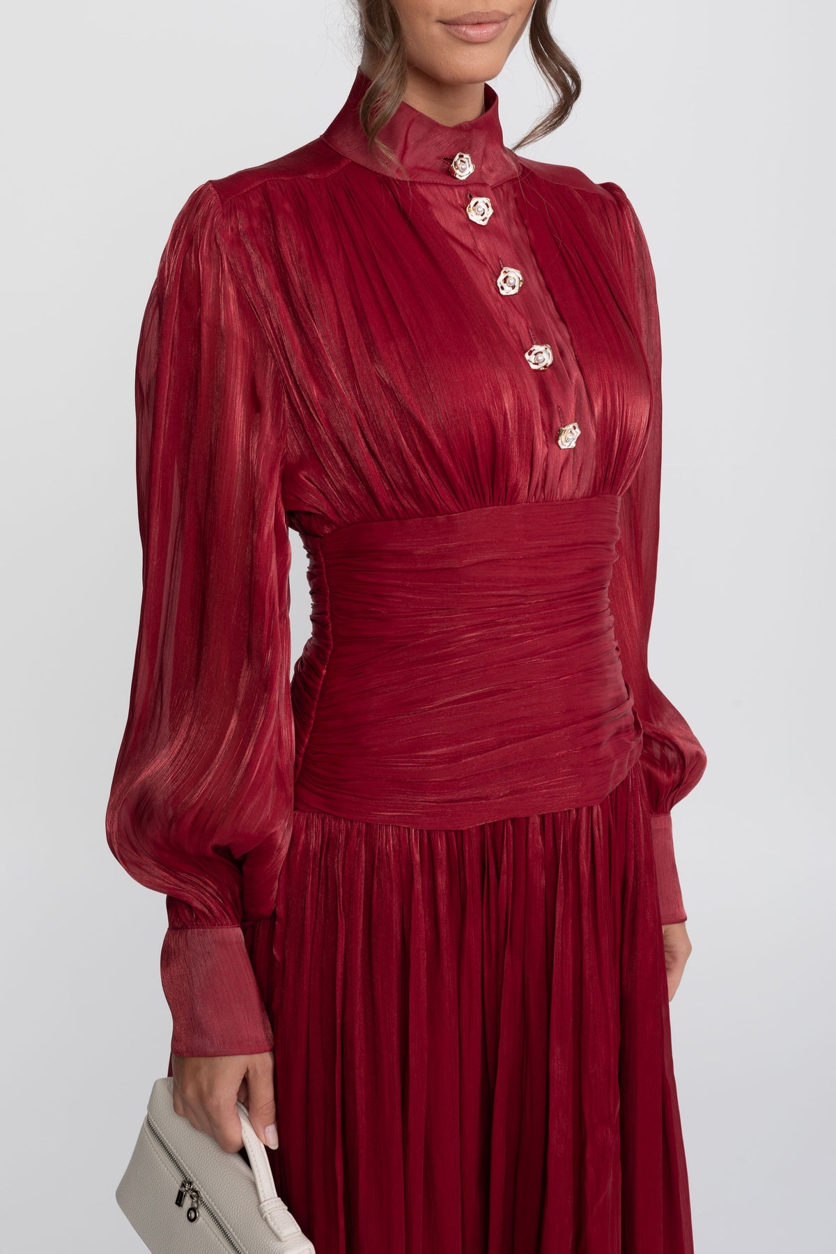 Balloon Sleeve Tiered Maxi Dress with Jewelled Rose Buttons – Red – view 5
