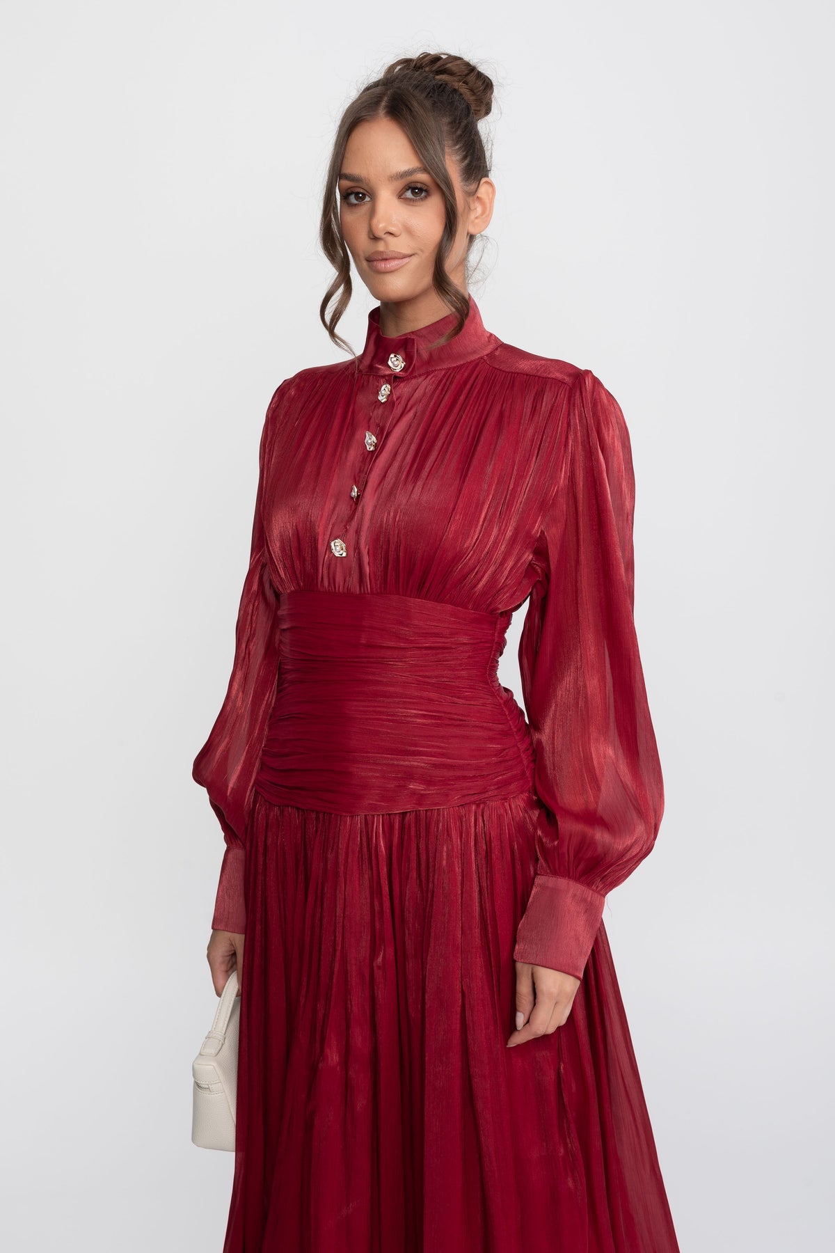 Balloon Sleeve Tiered Maxi Dress with Jewelled Rose Buttons – Red – view 4