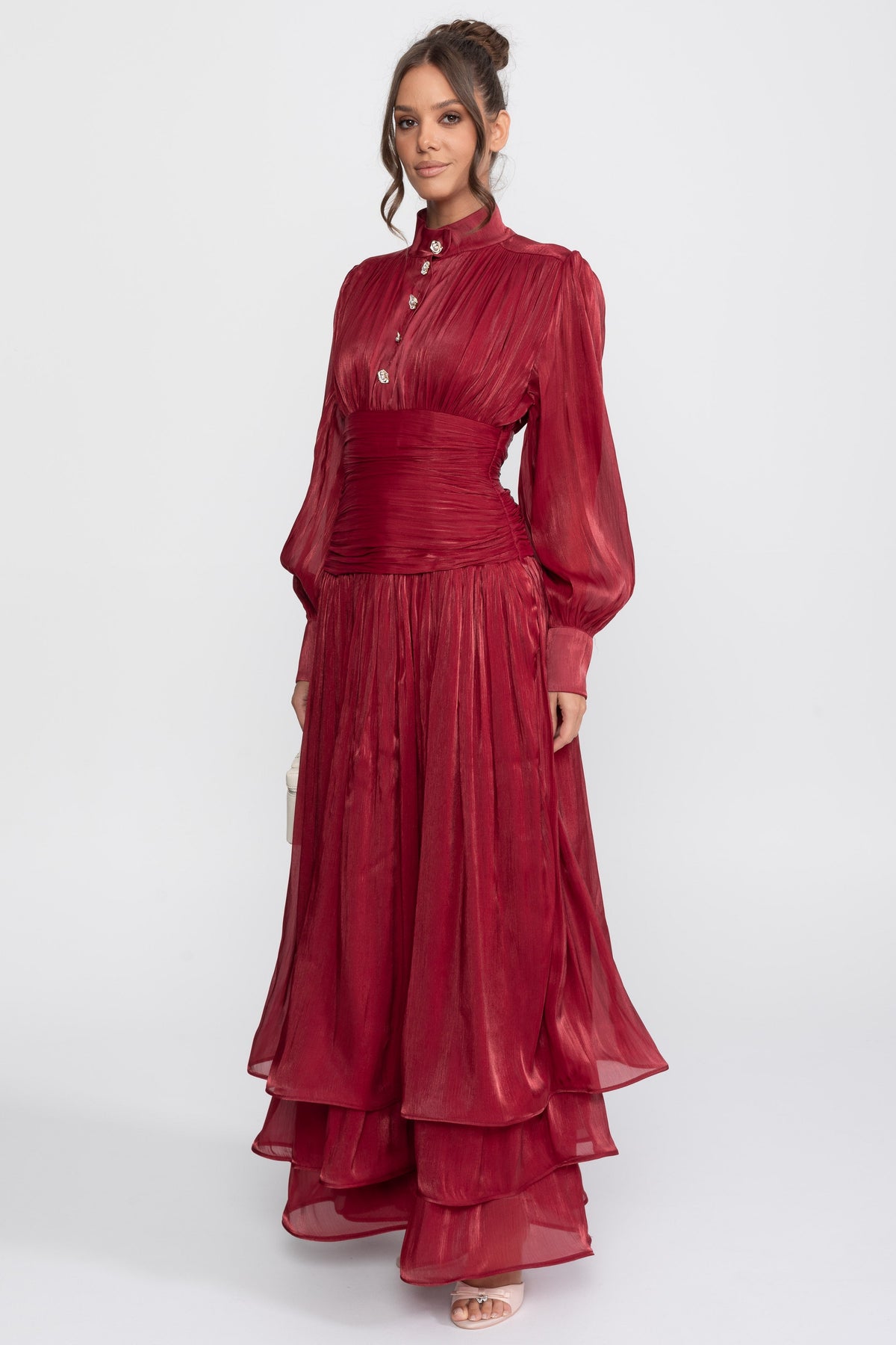 Balloon Sleeve Tiered Maxi Dress with Jewelled Rose Buttons – Red – view 3