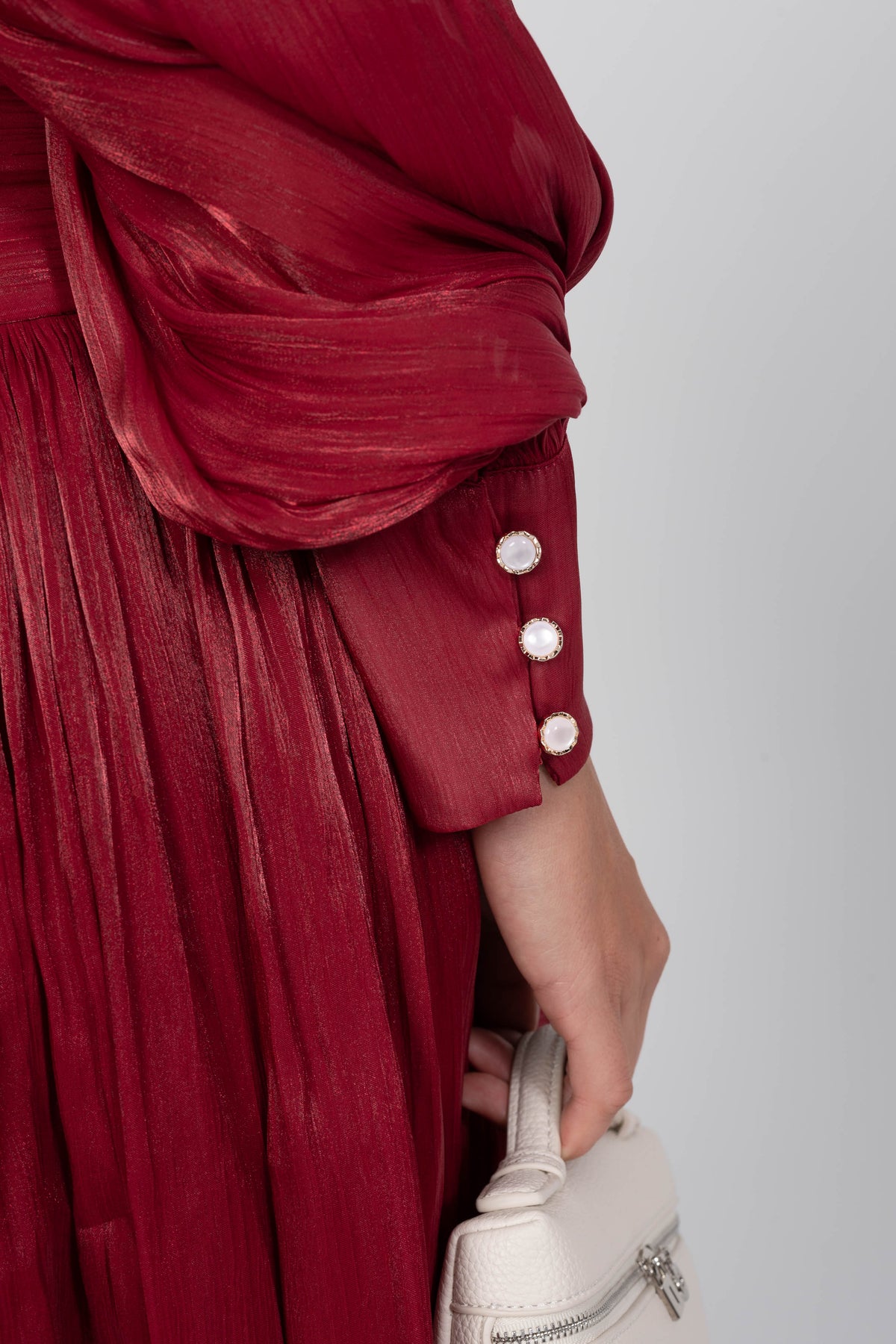 Balloon Sleeve Tiered Maxi Dress with Jewelled Rose Buttons – Red – view 6