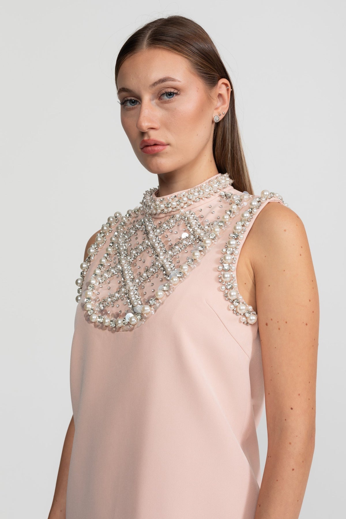 Pearl and Crystal Embellished High Neck Sleeveless Mini Dress – Blush Pink