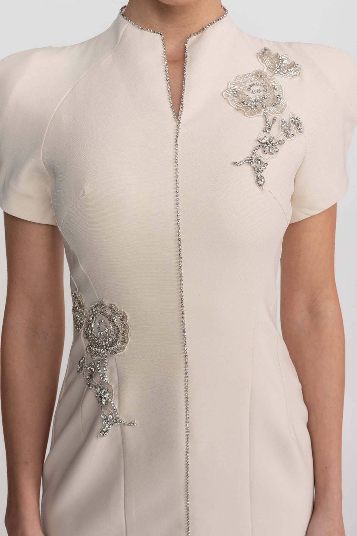 Structured Split Neck Short Sleeve Midi Dress with Crystal Trim – Ivory – view 5