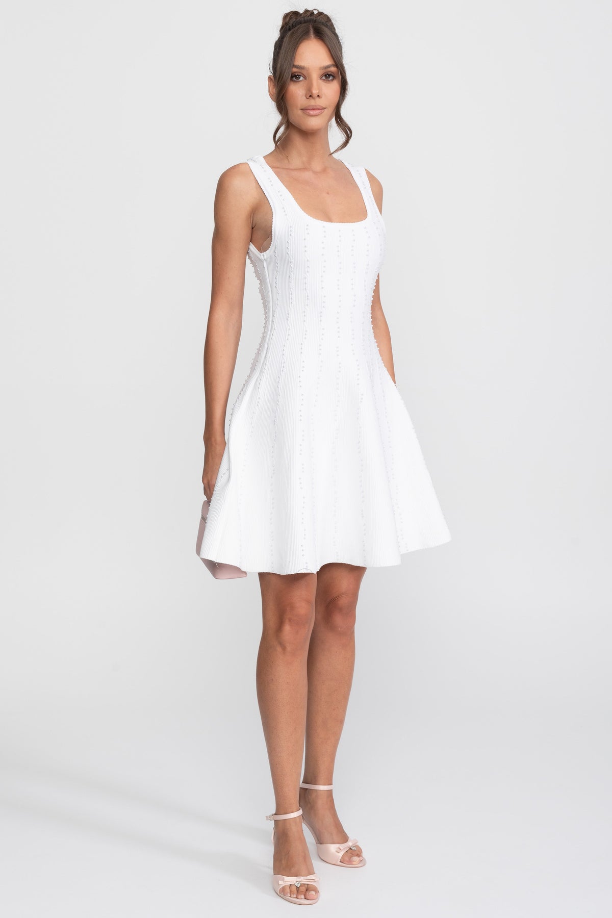Sleeveless Square Neck Ribbed Knit Mini Dress with Pearl Beading – White – view 2