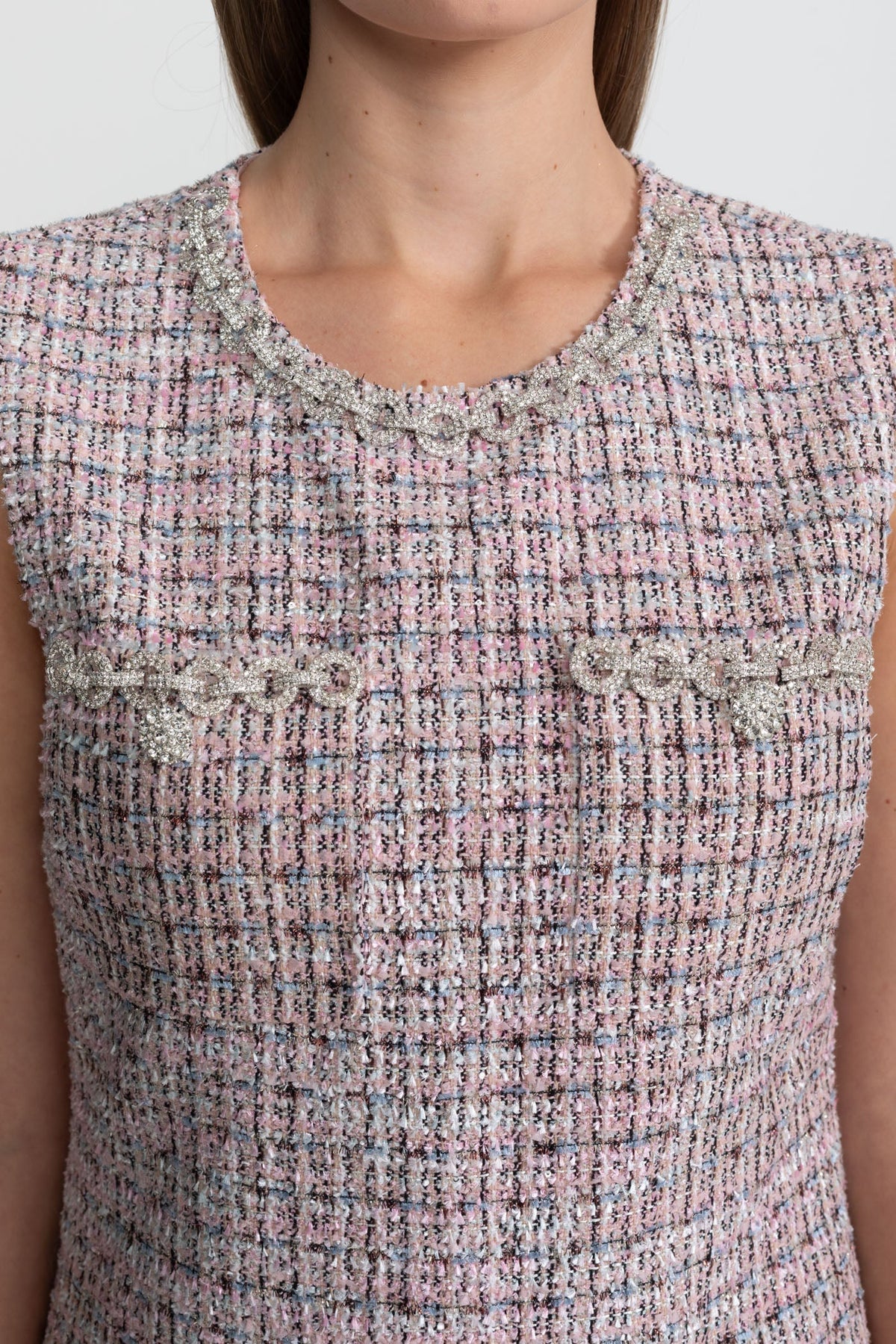 Sleeveless Round Neck Tweed Mini Dress with Flap Pockets – Pink