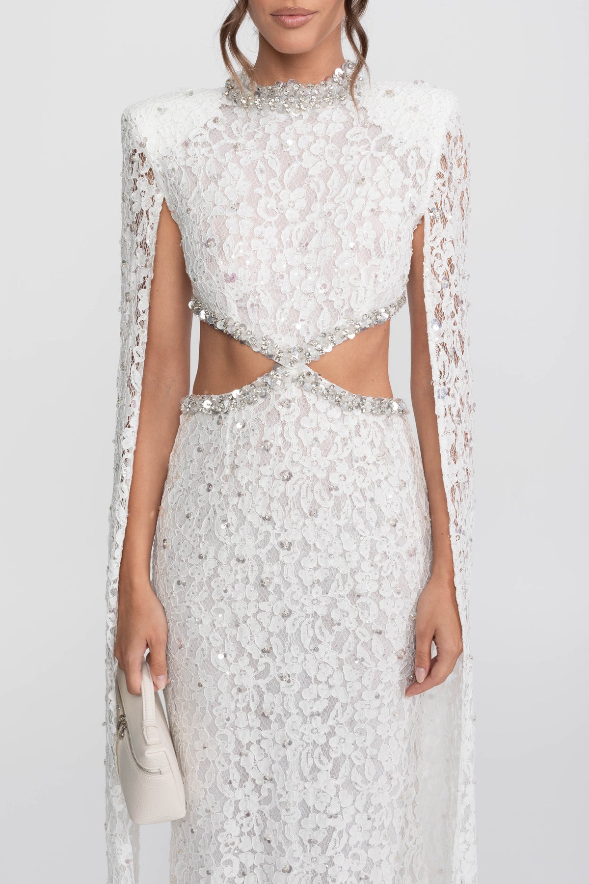Crystal Cutout Lace Column Gown with Sequins and Cape Sleeves – White – view 6