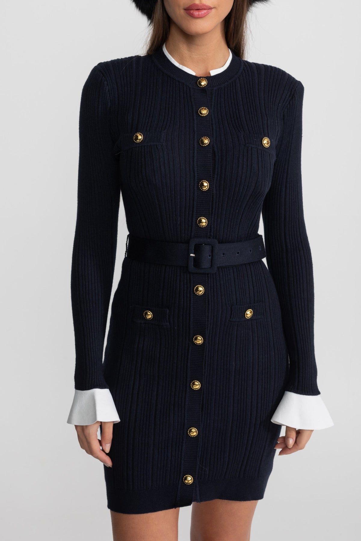 Ribbed Knit Long Sleeve Belted Mini Dress with Gold Buttons – Dark Blue – view 4