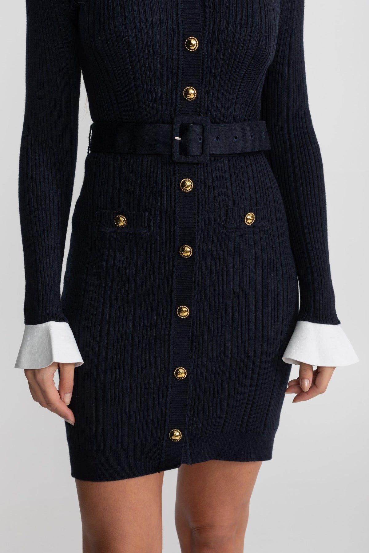 Ribbed Knit Long Sleeve Belted Mini Dress with Gold Buttons – Dark Blue – view 5