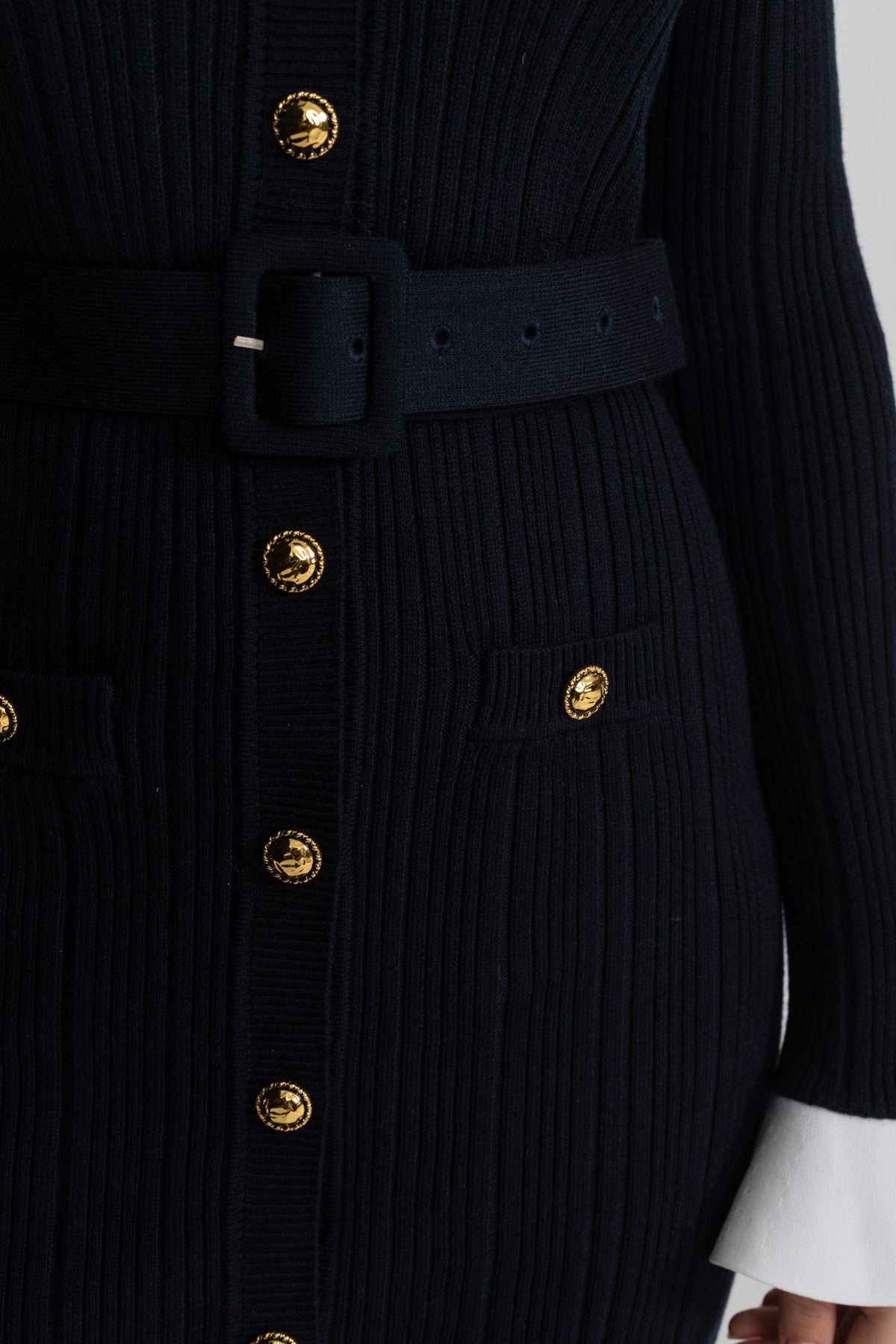 Long Sleeve Ribbed Knit Midi Dress with Gold Buttons and Belt – Dark Blue – view 6