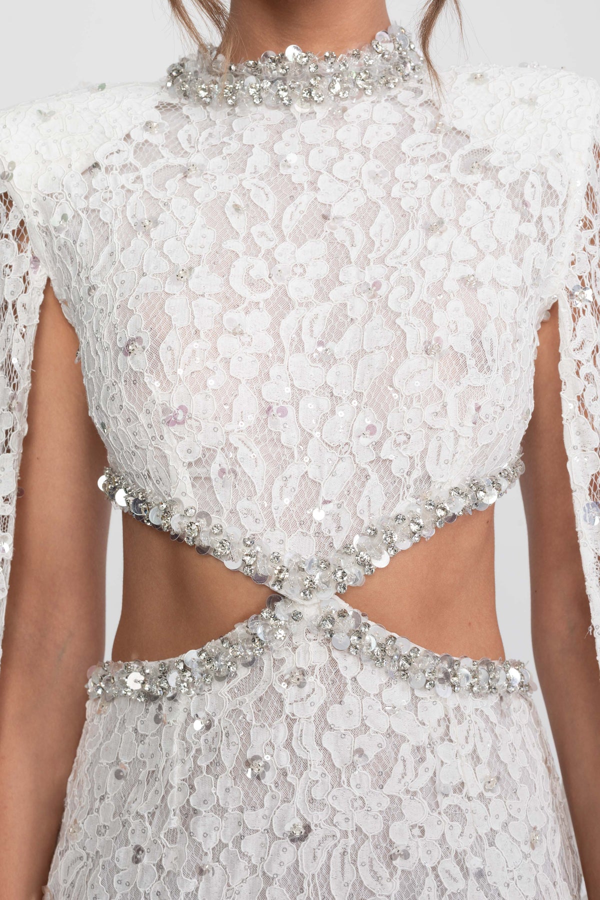 Crystal Cutout Lace Column Gown with Sequins and Cape Sleeves – White – view 8