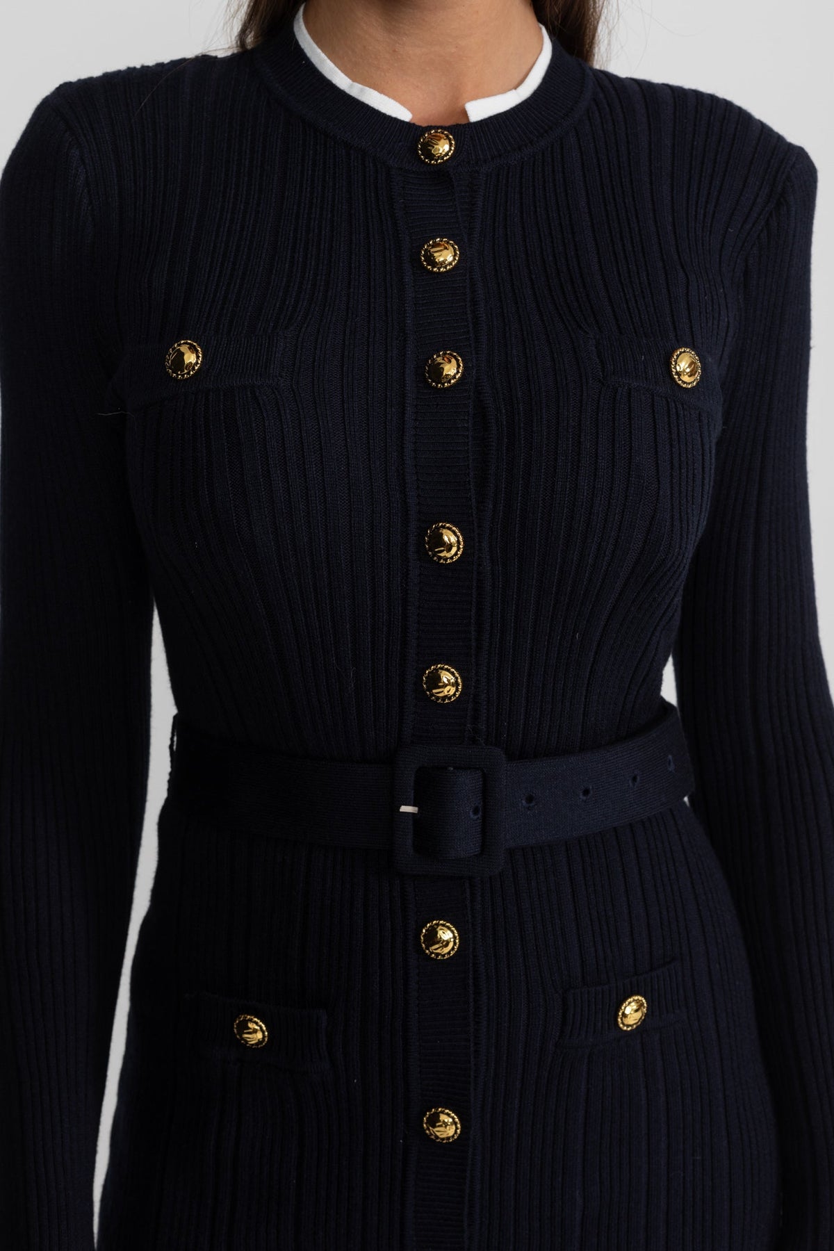 Long Sleeve Ribbed Knit Midi Dress with Gold Buttons and Belt – Dark Blue – view 5