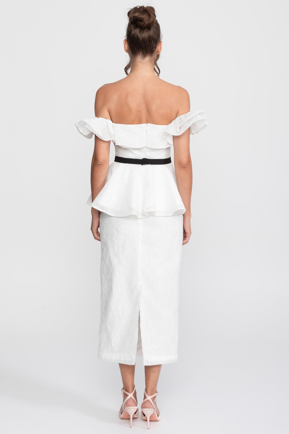 Sequin Off-Shoulder Peplum Top and Pencil Midi Skirt Set with Ribbon Bow – White – view 5