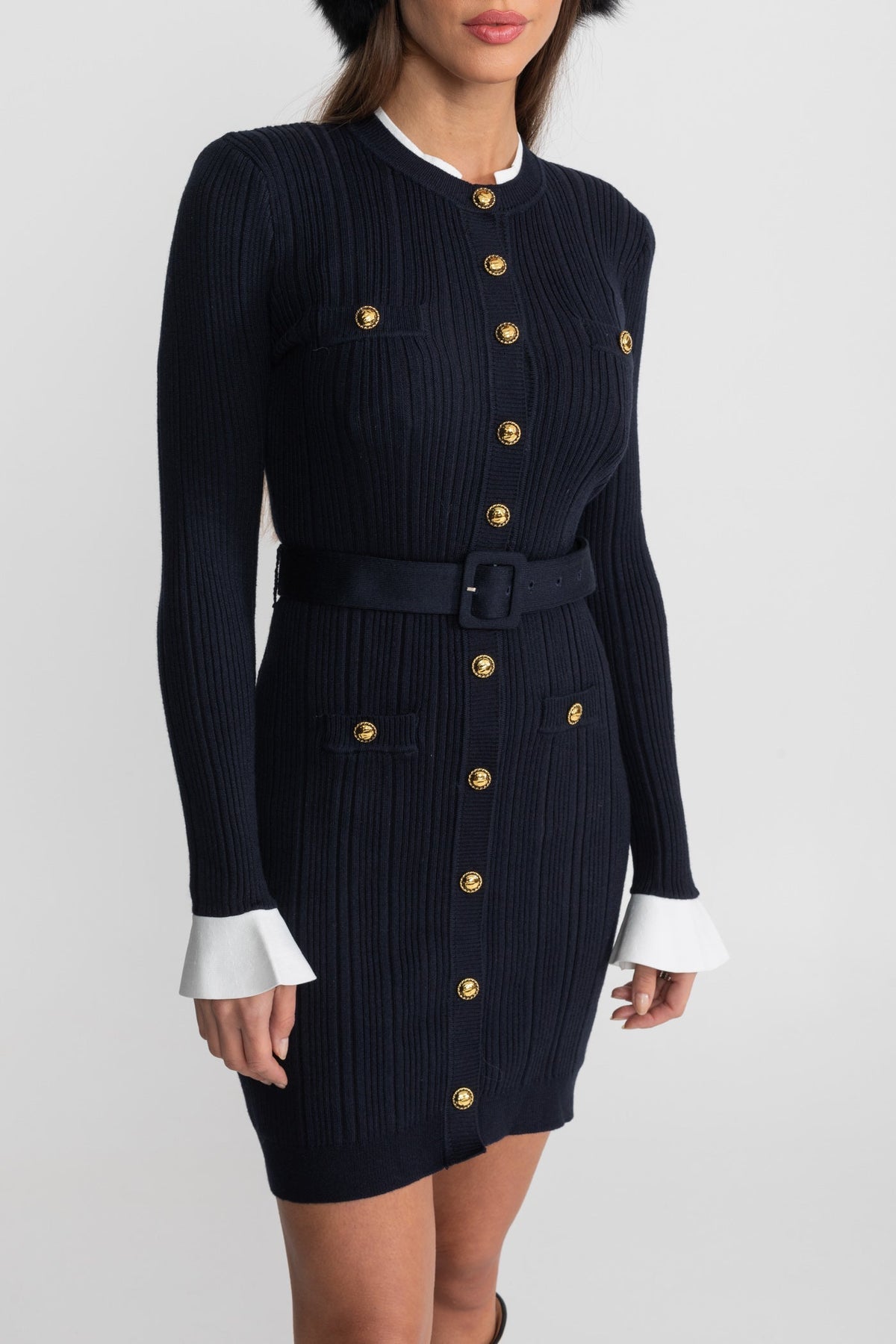 Ribbed Knit Long Sleeve Belted Mini Dress with Gold Buttons – Dark Blue – view 7