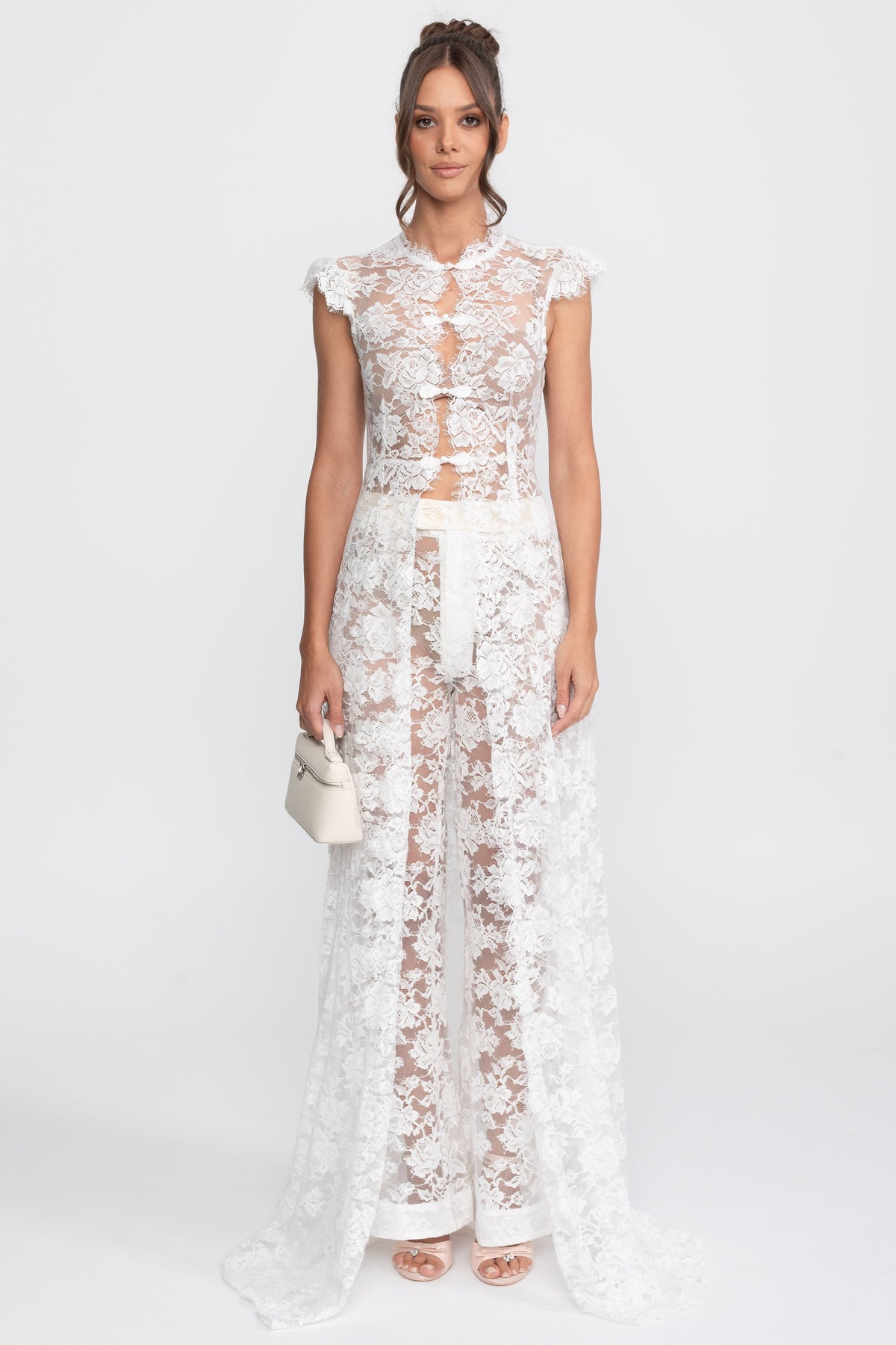 Sheer Lace Cap Sleeve Top and Palazzo Trousers Set with Trailing Panel – White