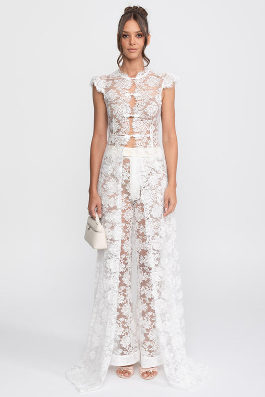 Sheer Lace Cap Sleeve Top and Palazzo Trousers Set with Trailing Panel – White
