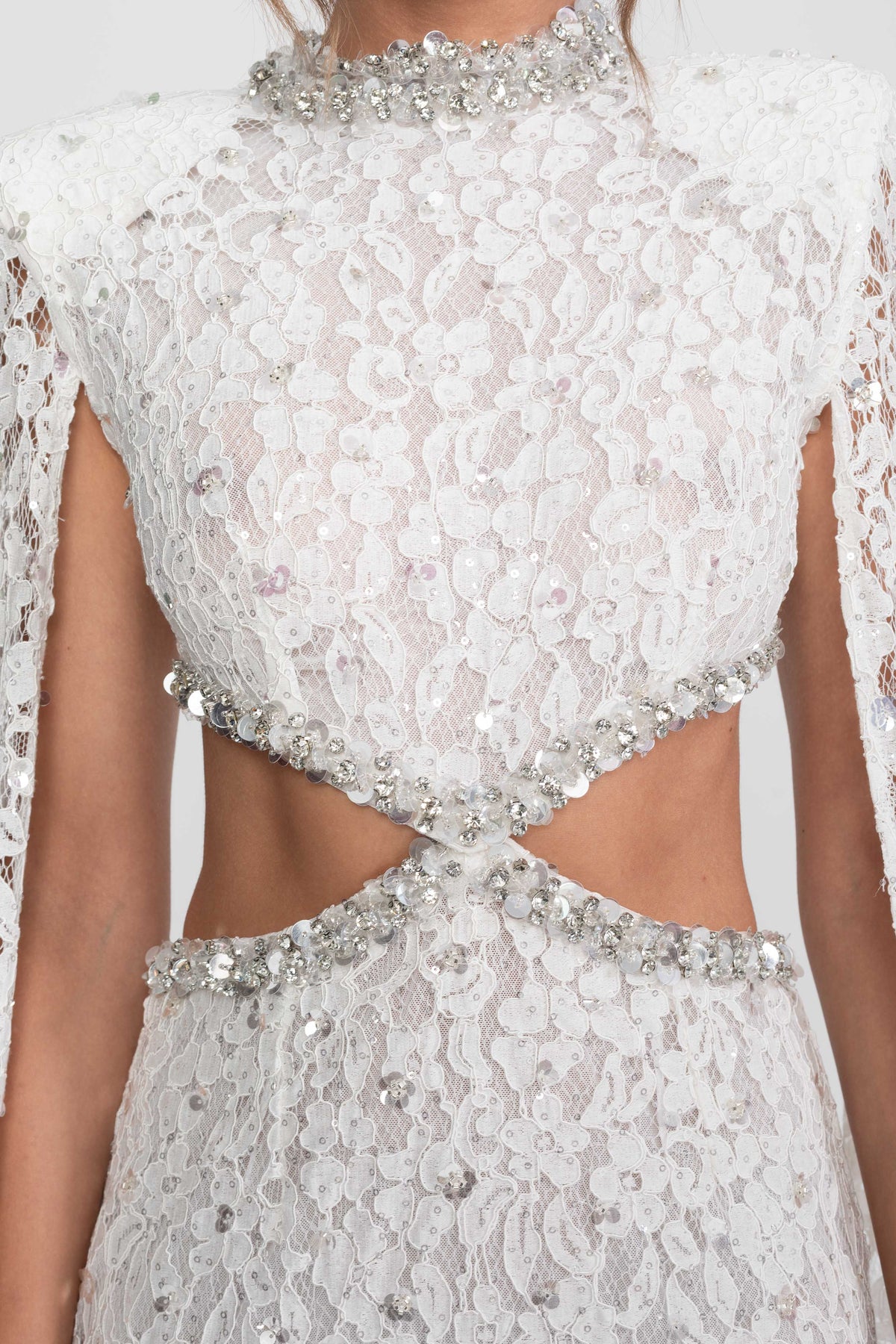 Crystal Cutout Lace Column Gown with Sequins and Cape Sleeves – White – view 10