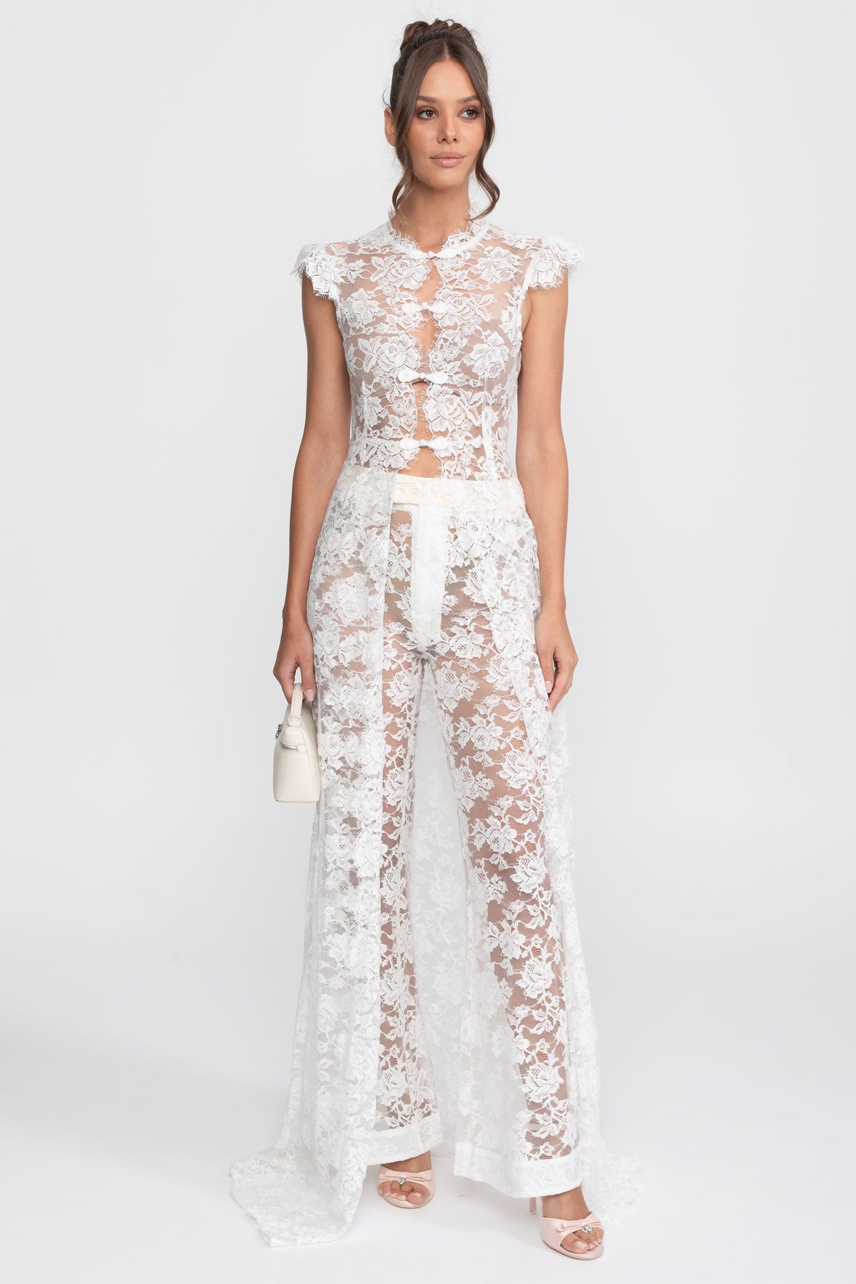 Sheer Lace Cap Sleeve Top and Palazzo Trousers Set with Trailing Panel – White – view 3