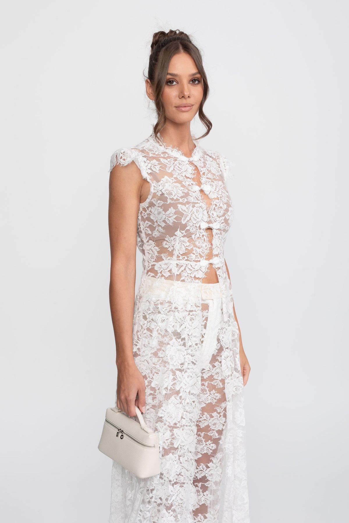 Sheer Lace Cap Sleeve Top and Palazzo Trousers Set with Trailing Panel – White – view 5