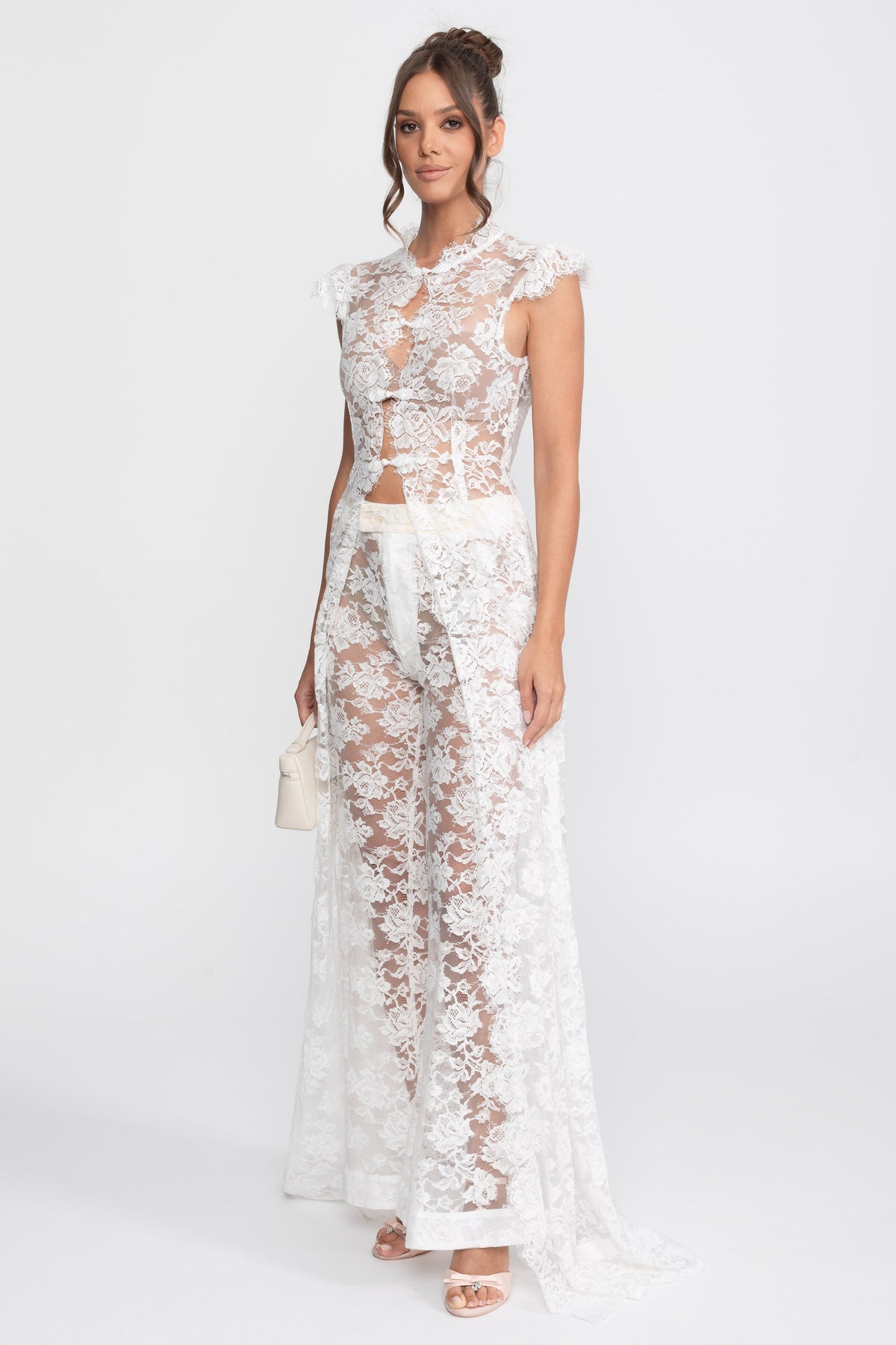 Sheer Lace Cap Sleeve Top and Palazzo Trousers Set with Trailing Panel – White – view 4