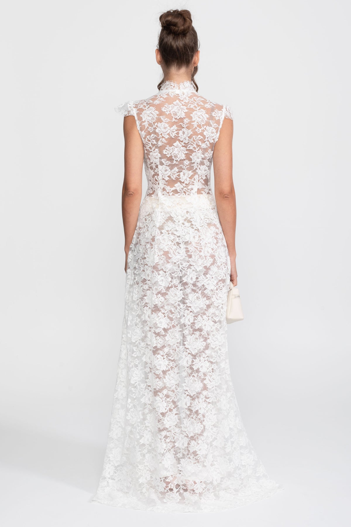 Sheer Lace Cap Sleeve Top and Palazzo Trousers Set with Trailing Panel – White – view 9