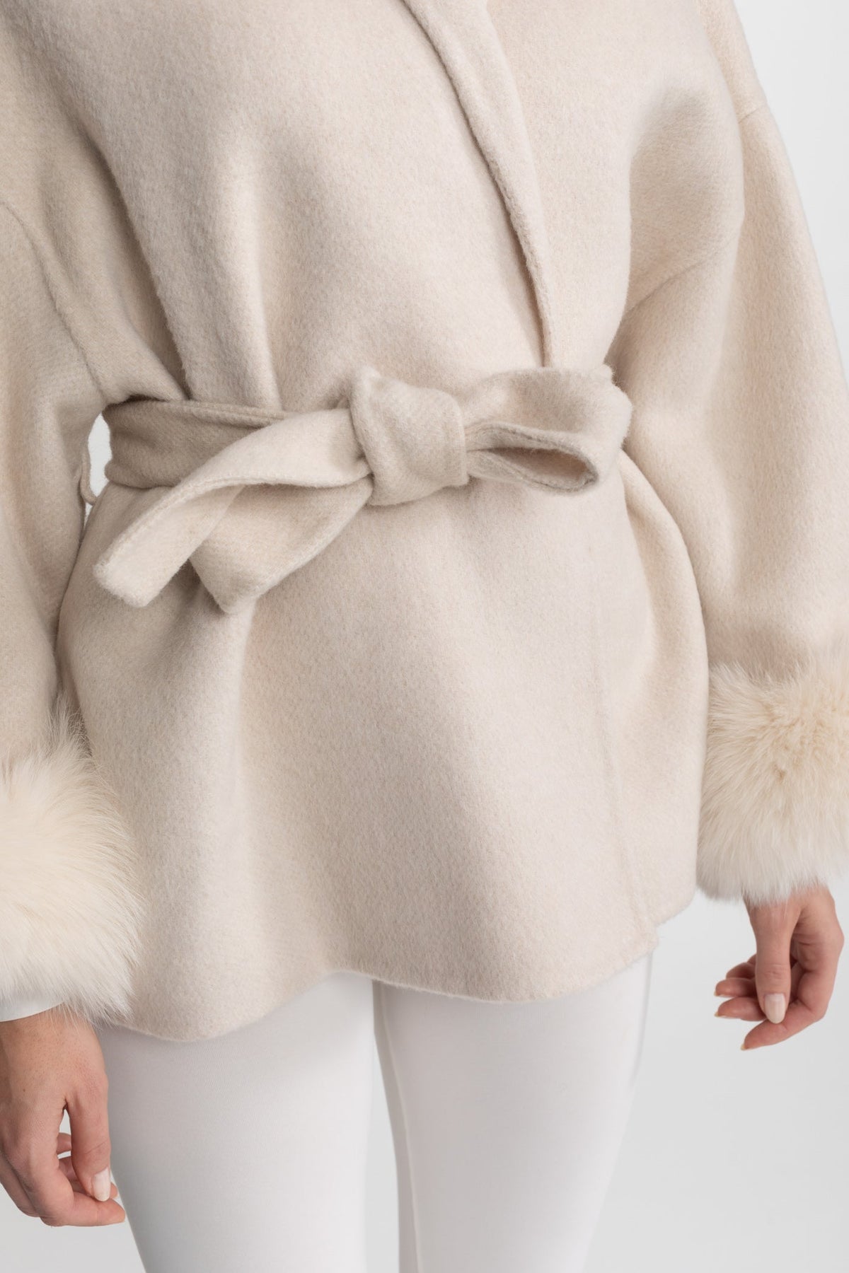 Wool Blend Wrap Jacket with Plush Cuffs – Cream – view 7