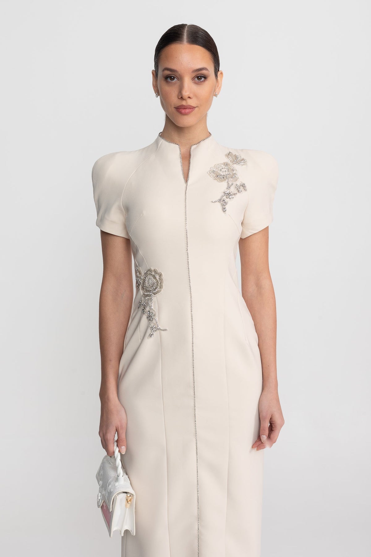 Structured Split Neck Short Sleeve Midi Dress with Crystal Trim – Ivory – view 6