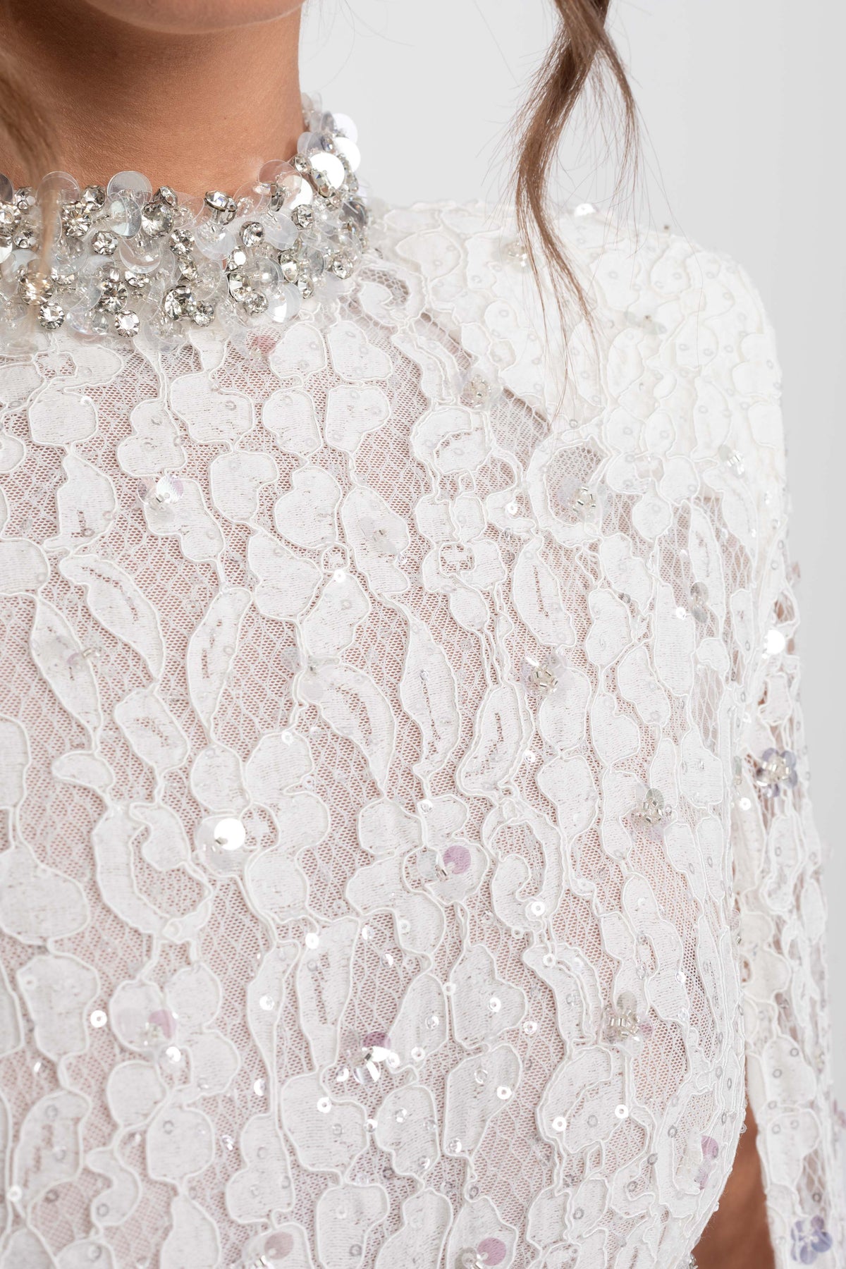 Crystal Cutout Lace Column Gown with Sequins and Cape Sleeves – White – view 9