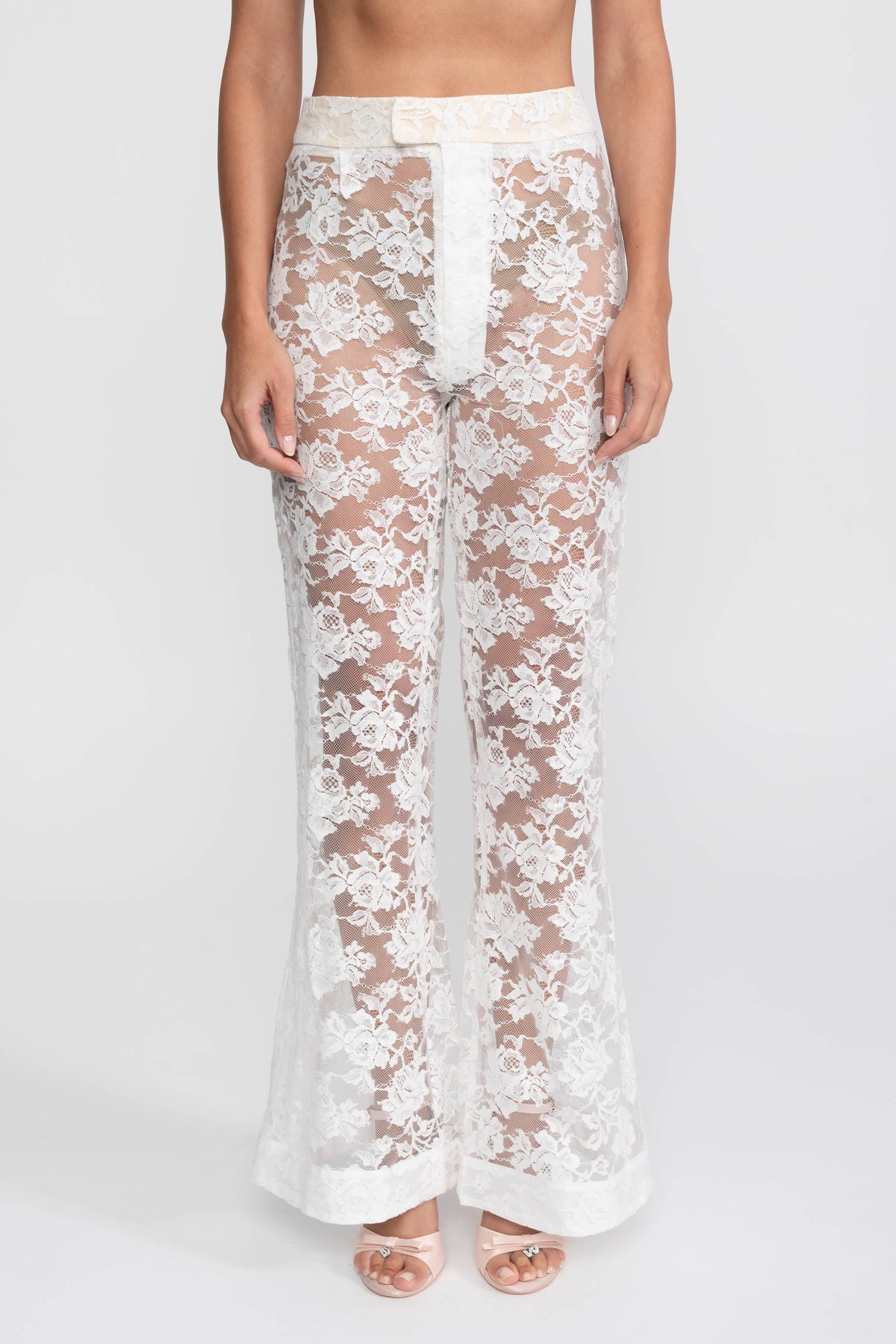 Sheer Lace Cap Sleeve Top and Palazzo Trousers Set with Trailing Panel – White – view 8