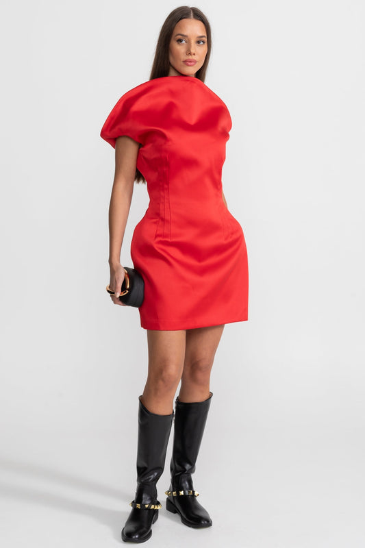 Structured Satin Mini Dress with Sculptural Shoulders – Red – view 2