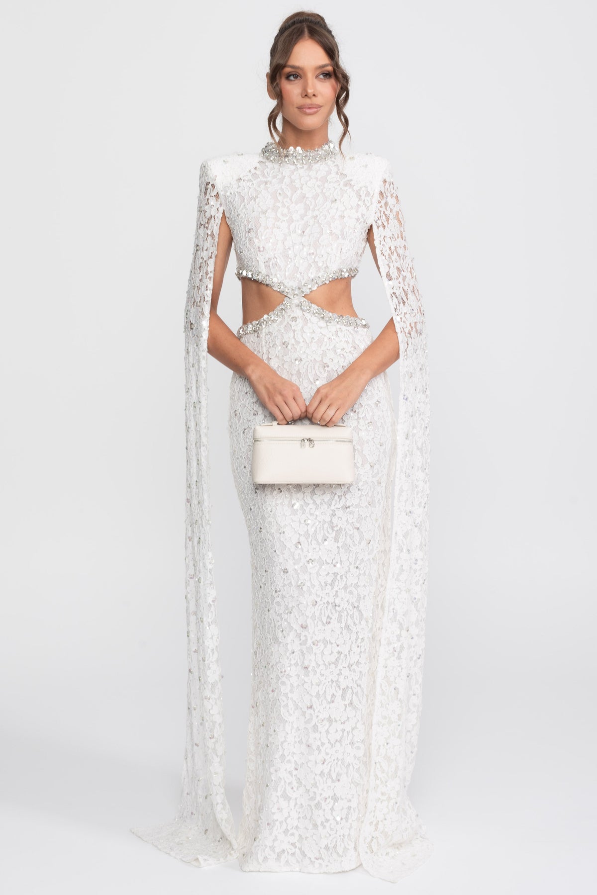 Crystal Cutout Lace Column Gown with Sequins and Cape Sleeves – White – view 3