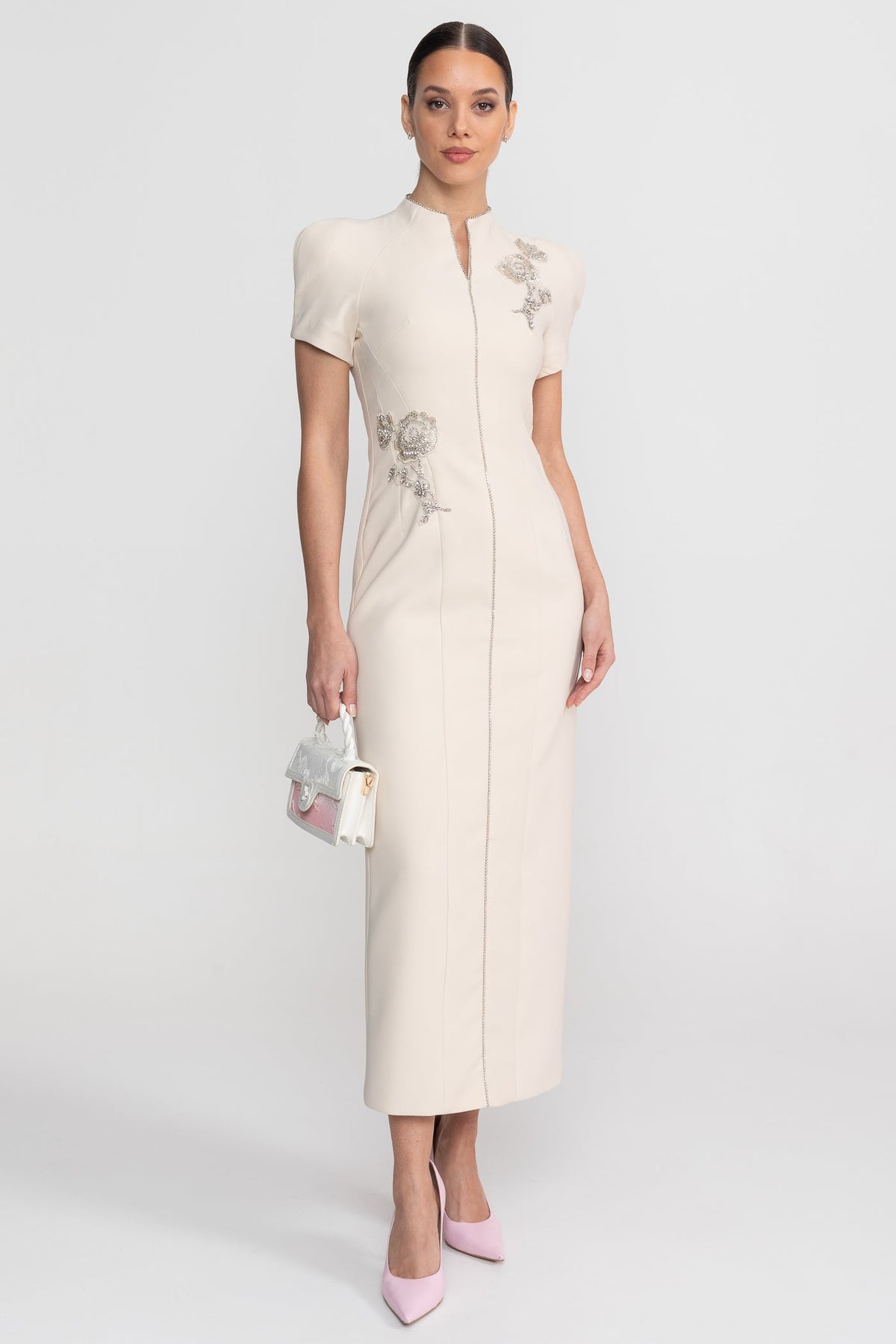 Structured Split Neck Short Sleeve Midi Dress with Crystal Trim – Ivory – view 3