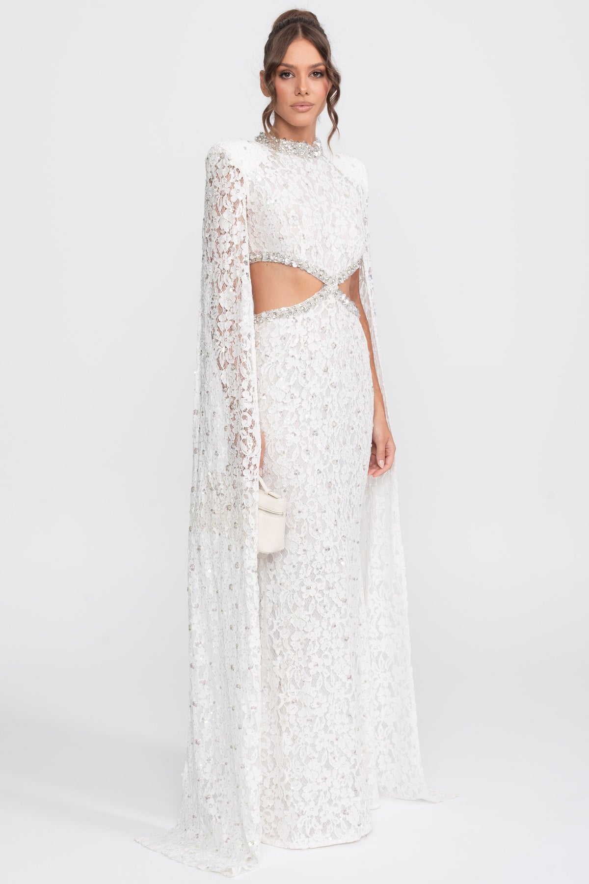 Crystal Cutout Lace Column Gown with Sequins and Cape Sleeves – White – view 4