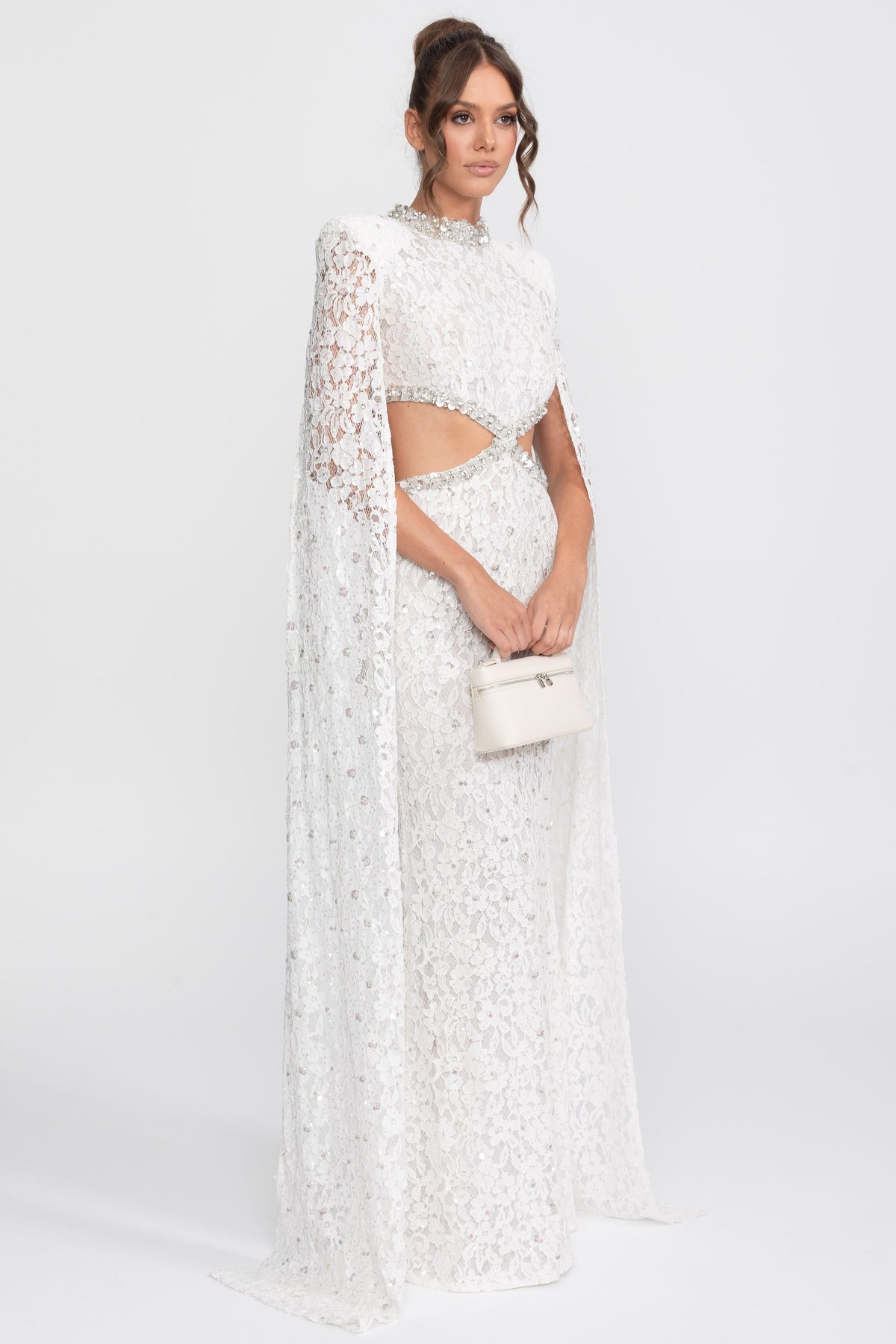 Crystal Cutout Lace Column Gown with Sequins and Cape Sleeves – White – view 2