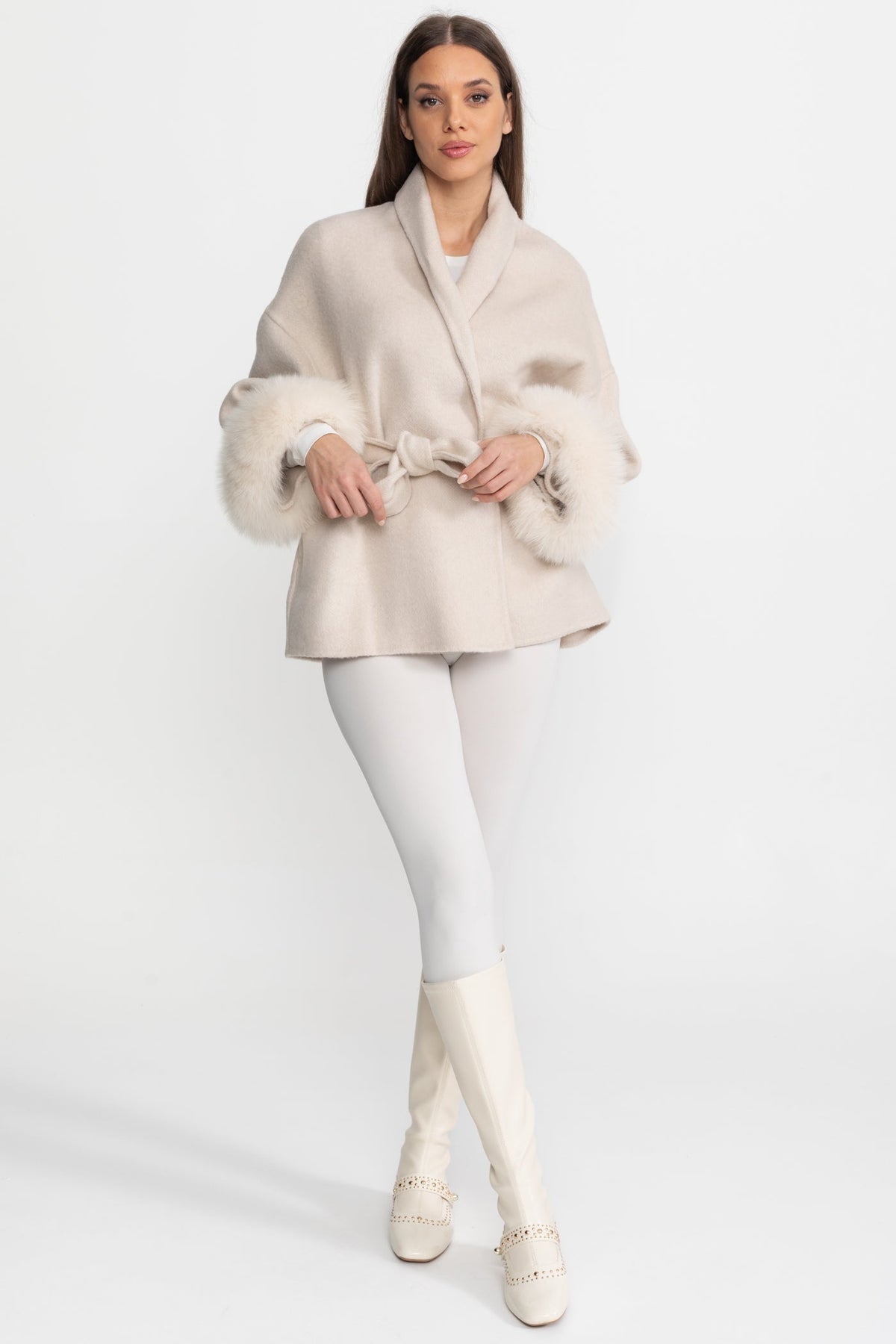 Wool Blend Wrap Jacket with Plush Cuffs – Cream – view 5
