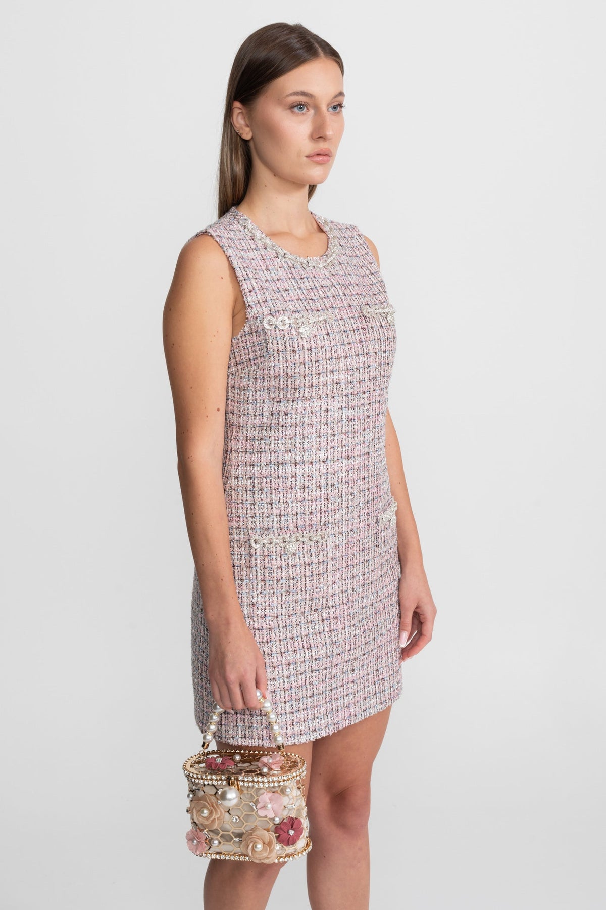 Sleeveless Round Neck Tweed Mini Dress with Flap Pockets – Pink