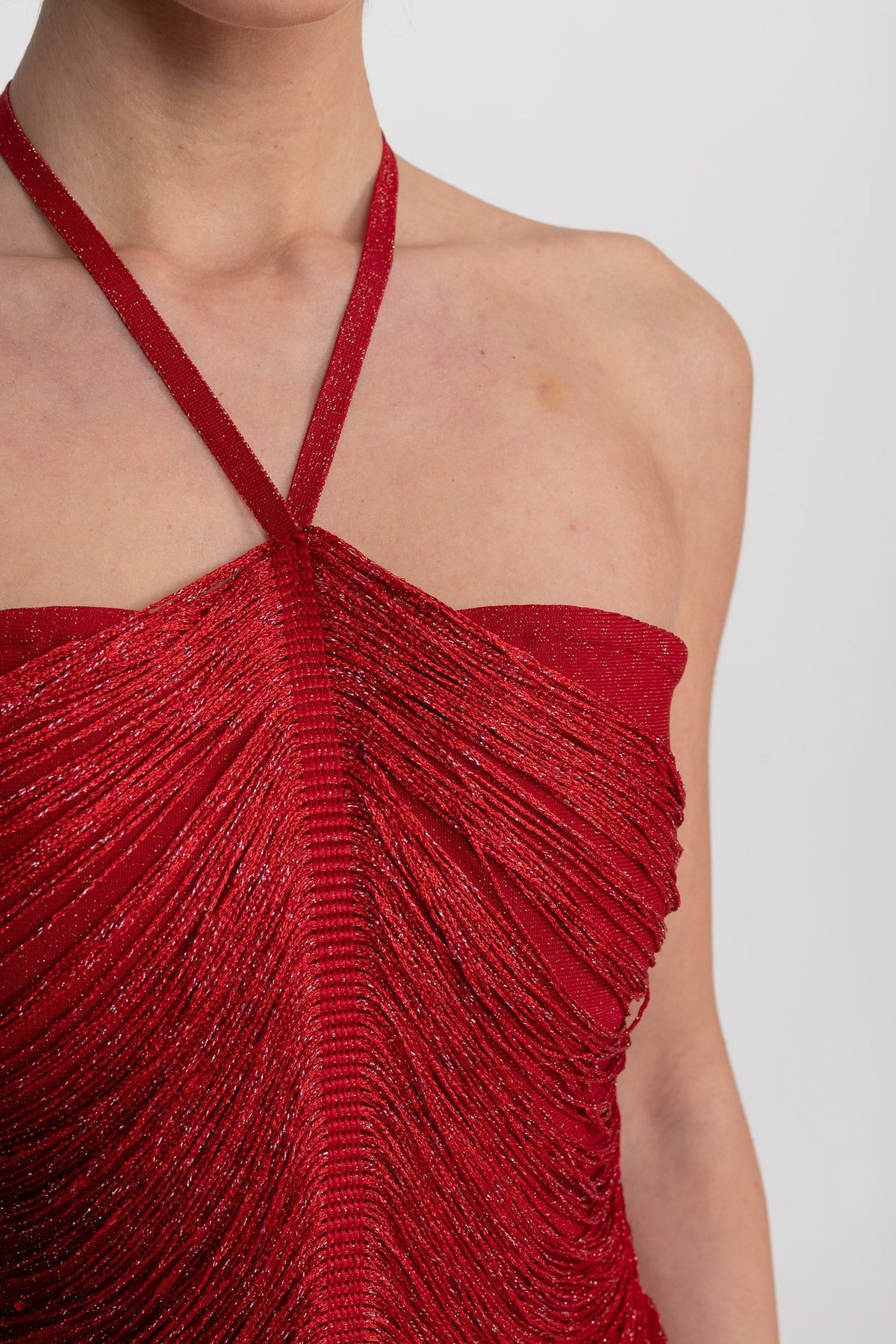 Pleated Halter Neck Body-Contouring Dress with Front Slit – Red – view 5