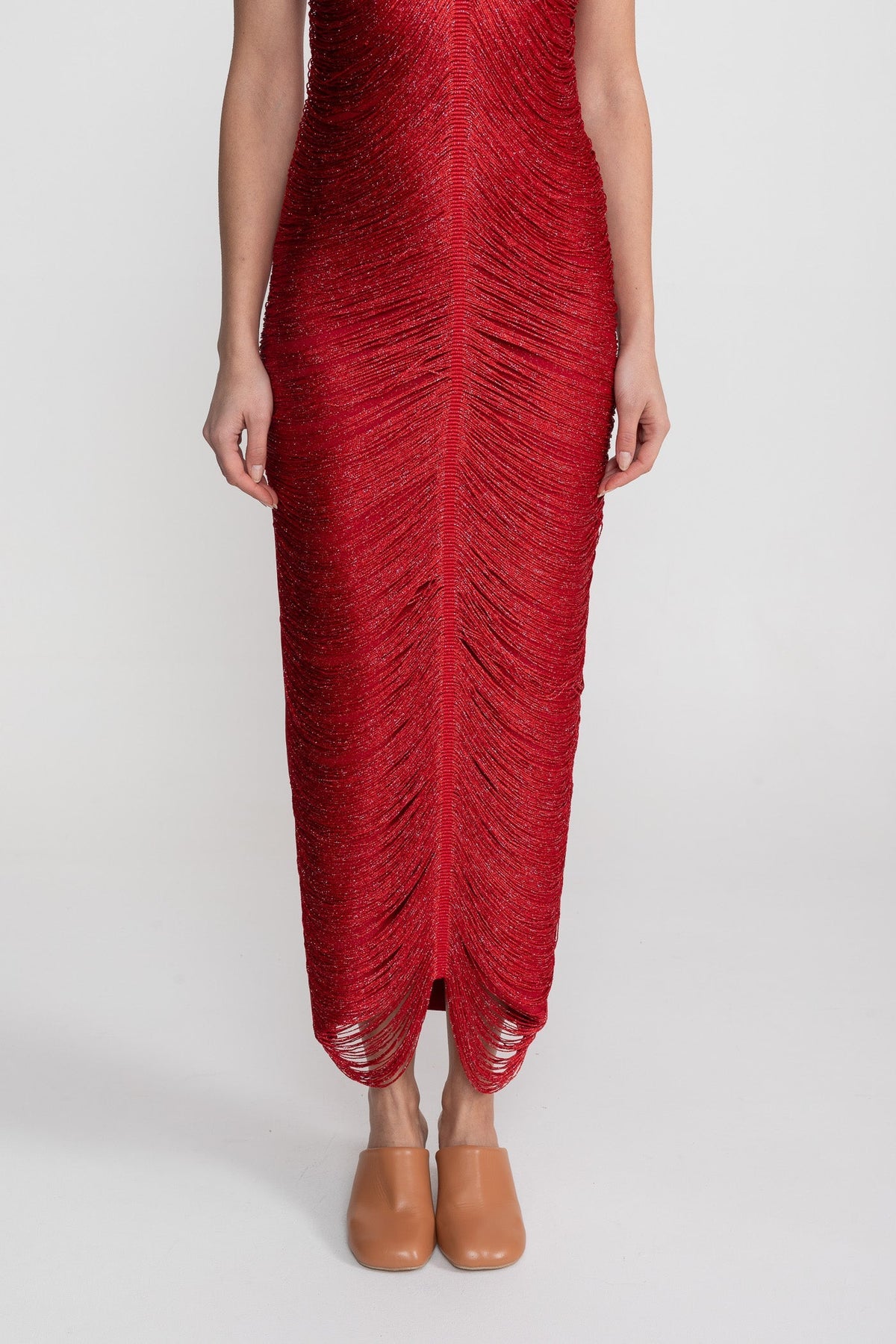 Pleated Halter Neck Body-Contouring Dress with Front Slit – Red – view 7