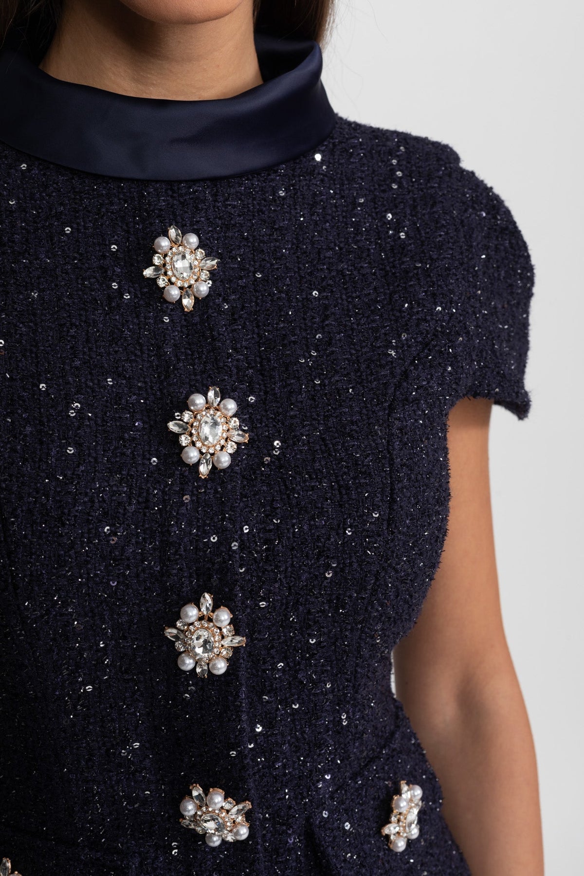 Embellished Tweed Top and Satin Maxi Skirt Co-ord Set – Navy – view 6