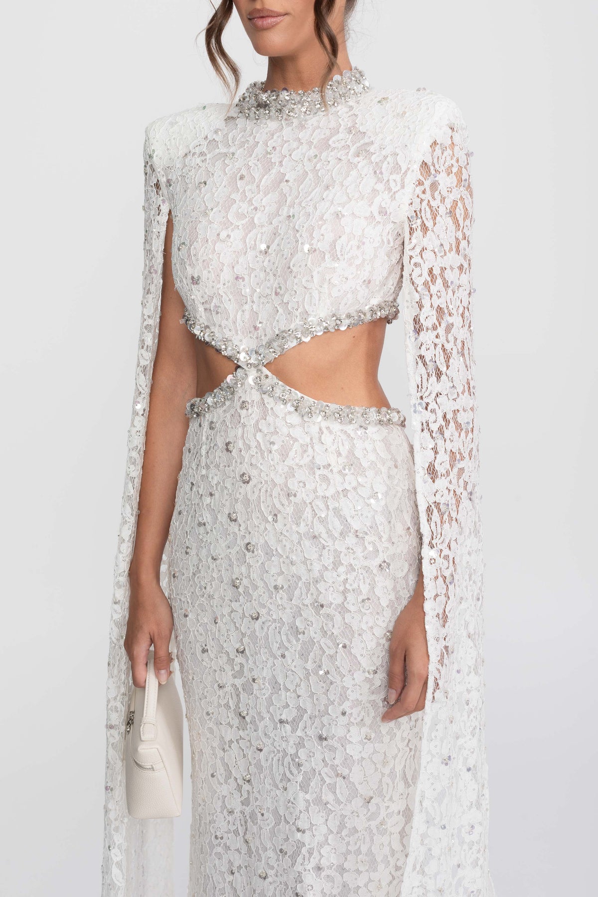 Crystal Cutout Lace Column Gown with Sequins and Cape Sleeves – White – view 7