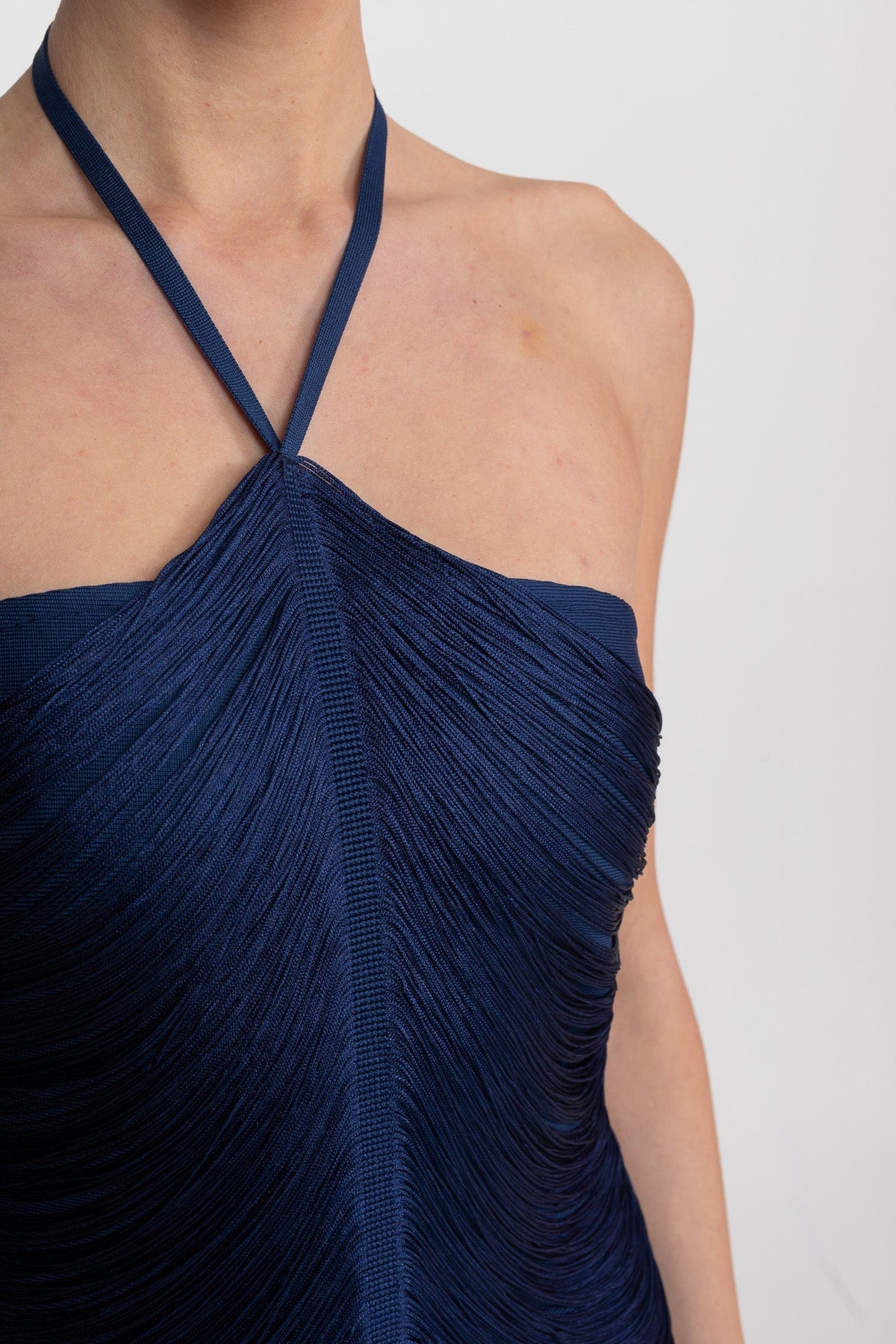 Pleated Halter Neck Body-Contouring Dress with Front Slit – Blue – view 5