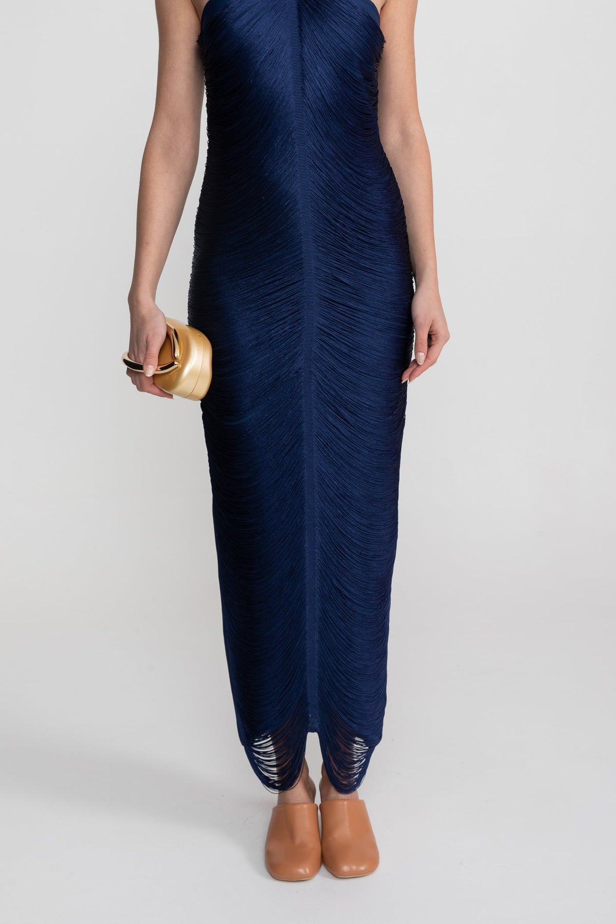 Pleated Halter Neck Body-Contouring Dress with Front Slit – Blue – view 7