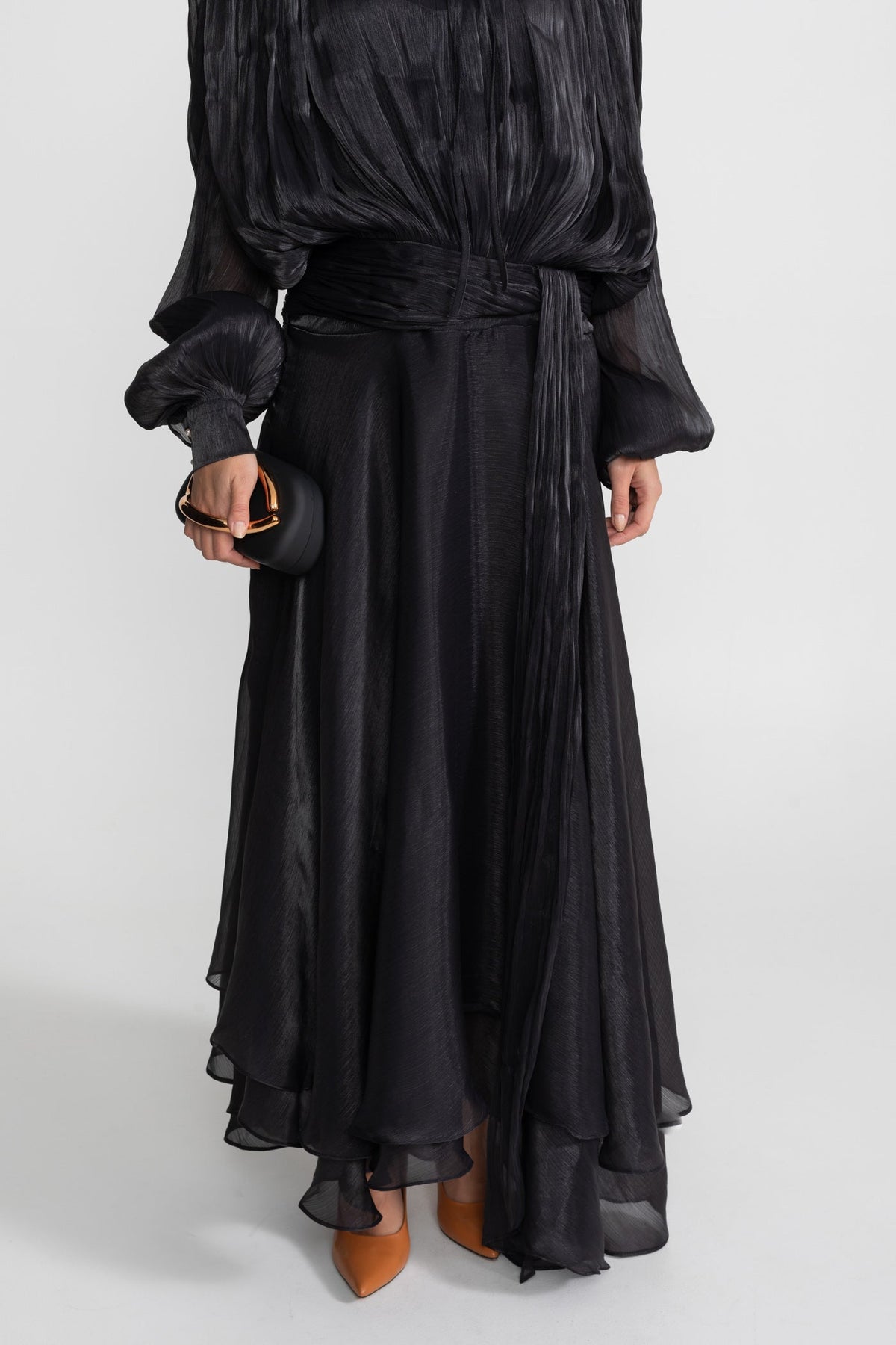 Pleated Bodice Tie Neck Maxi Dress with Draped Skirt – Black